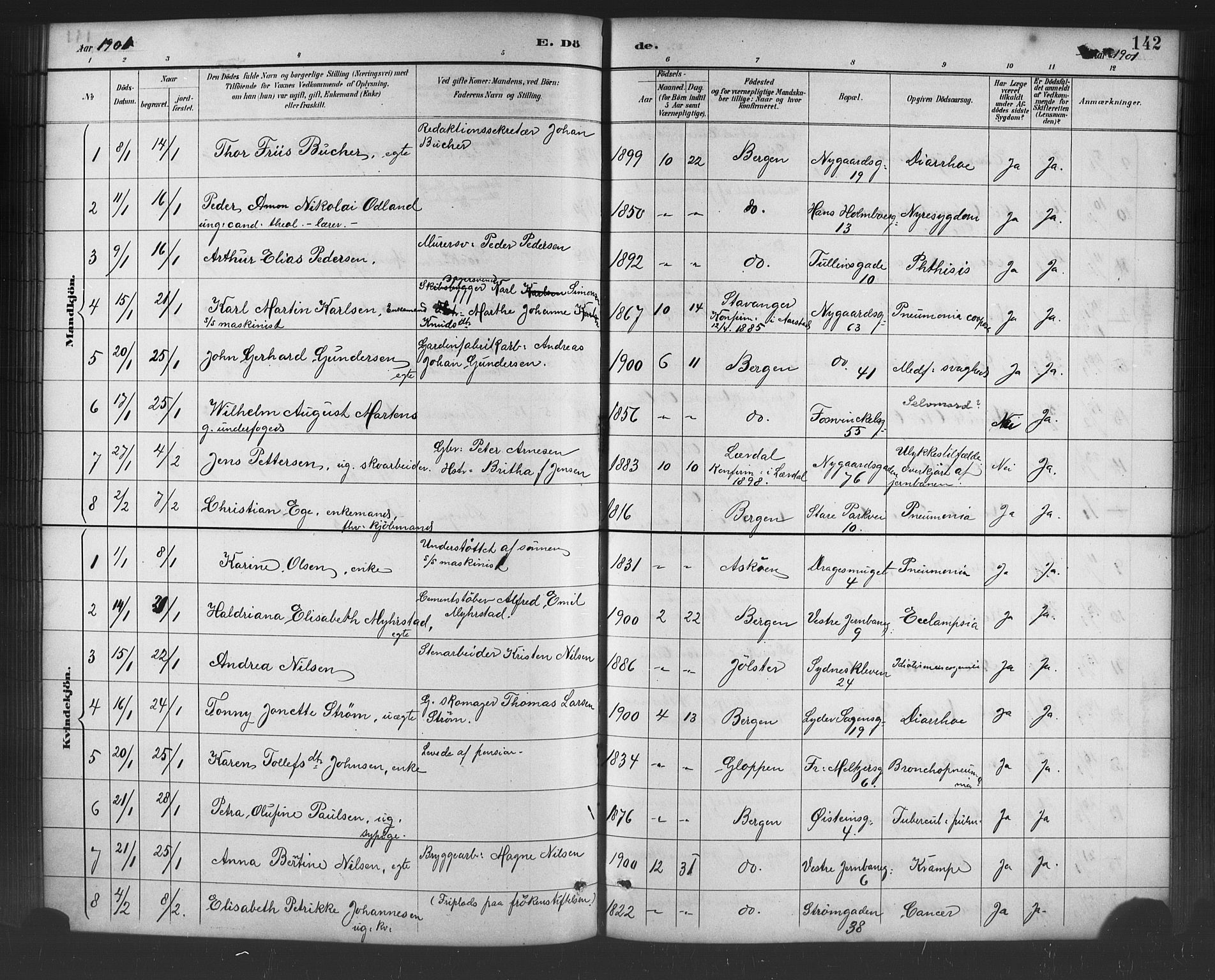 Johanneskirken sokneprestembete, AV/SAB-A-76001/H/Hab: Klokkerbok nr. D 1, 1885-1915, s. 142