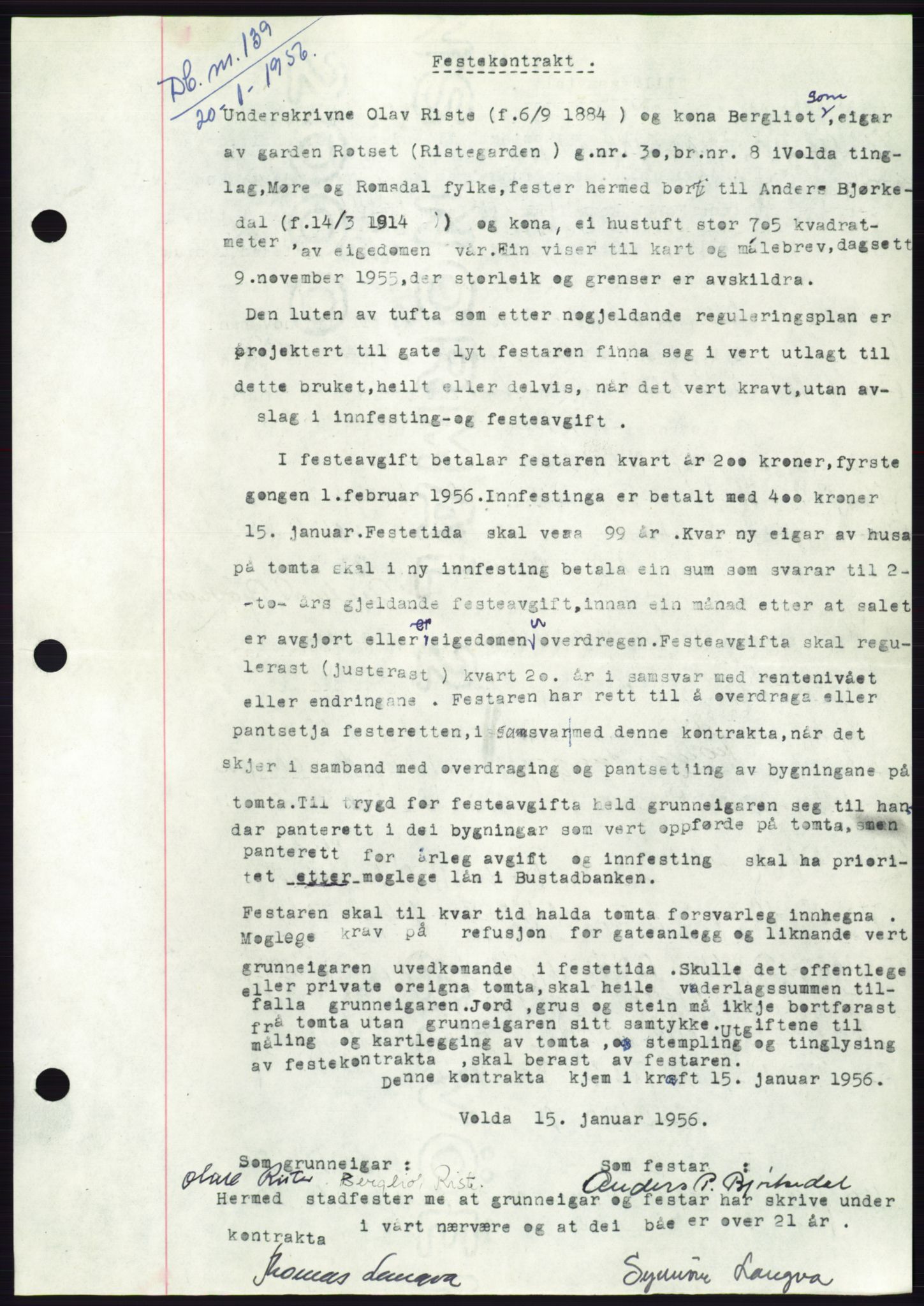 Søre Sunnmøre sorenskriveri, SAT/A-4122/1/2/2C/L0102: Pantebok nr. 28A, 1955-1956, Dagboknr: 139/1956