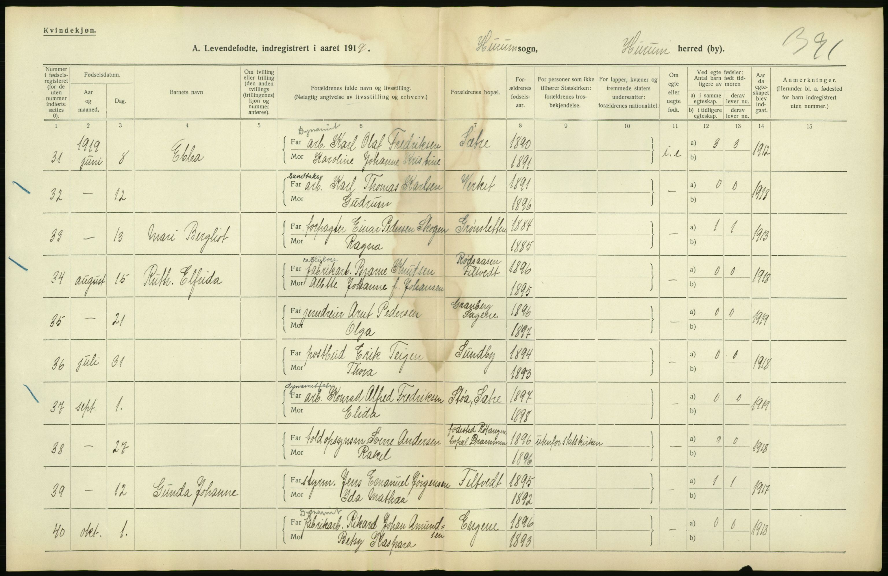 Statistisk sentralbyrå, Sosiodemografiske emner, Befolkning, RA/S-2228/D/Df/Dfb/Dfbi/L0016: Buskerud fylke: Levendefødte menn og kvinner. Bygder., 1919, s. 16