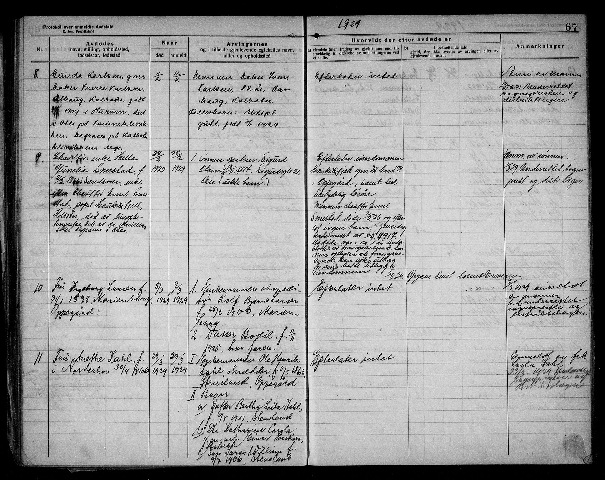 Oppegård lensmannskontor, AV/SAO-A-10186/H/Ha/L0001: Dødsfallsprotokoll, 1922-1936, s. 67