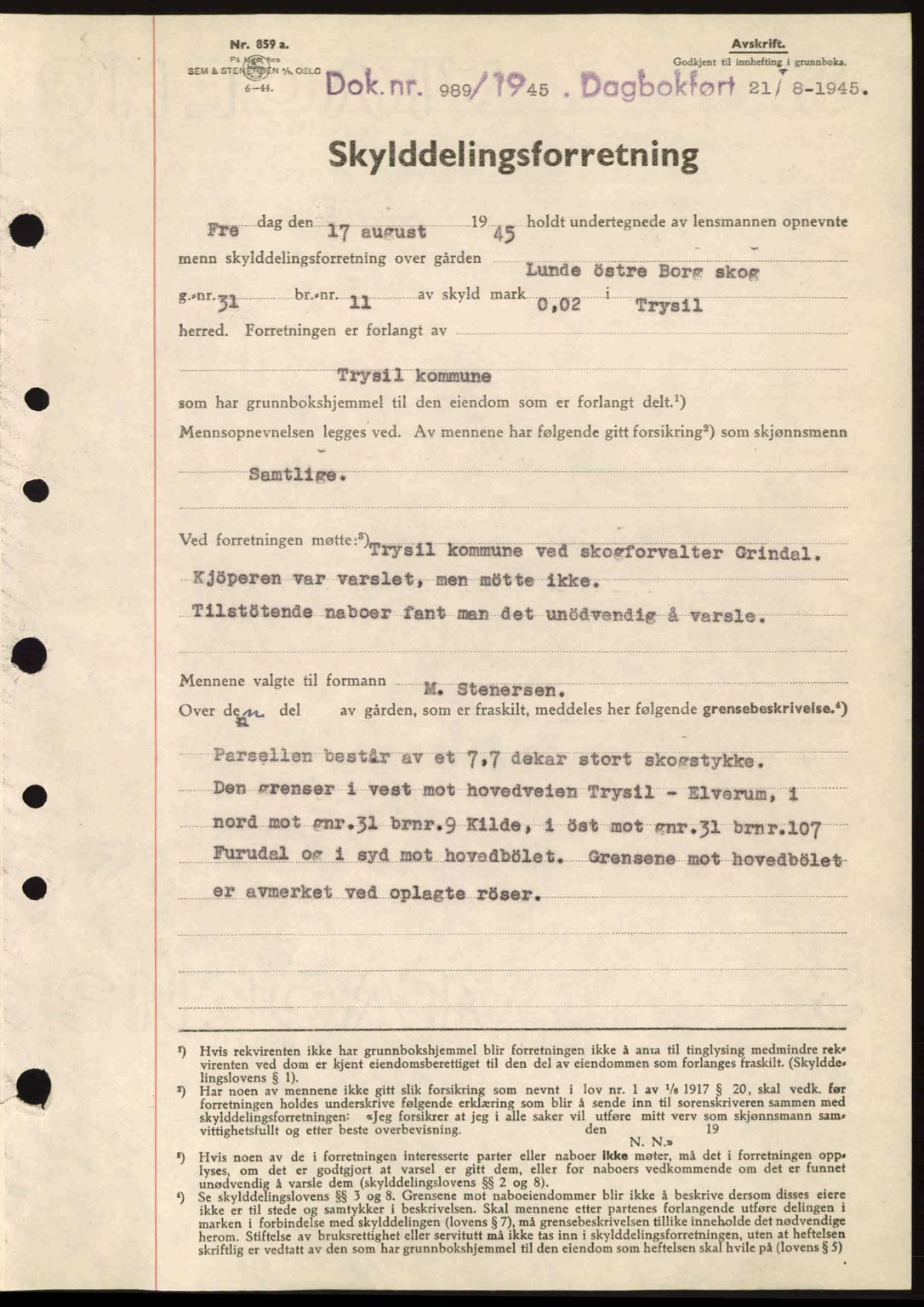 Sør-Østerdal sorenskriveri, AV/SAH-TING-018/H/Hb/Hbb/L0073: Pantebok nr. A73, 1945-1946, Dagboknr: 989/1945