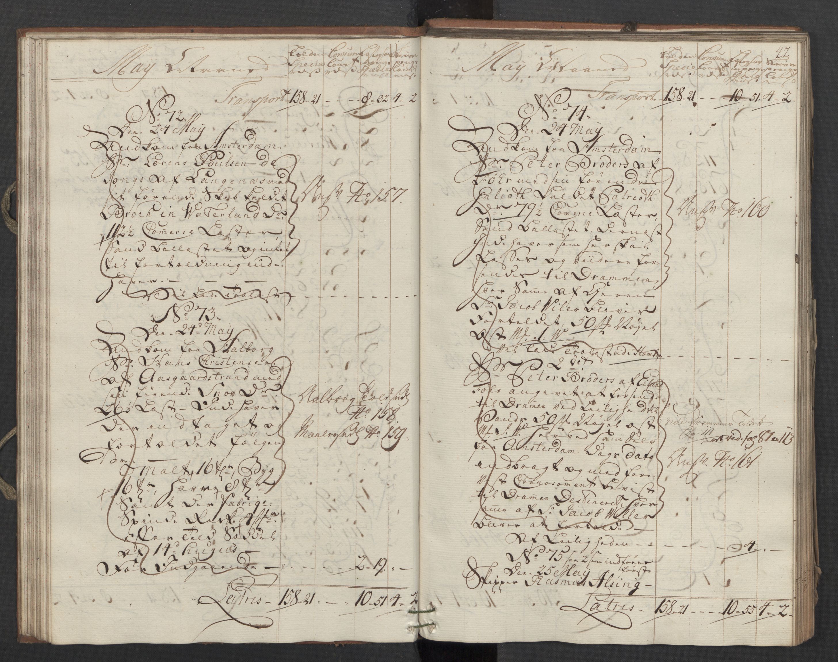 Generaltollkammeret, tollregnskaper, RA/EA-5490/R09/L0037/0001: Tollregnskaper Holmestrand / Inngående hovedtollbok, 1764, s. 46b-47a