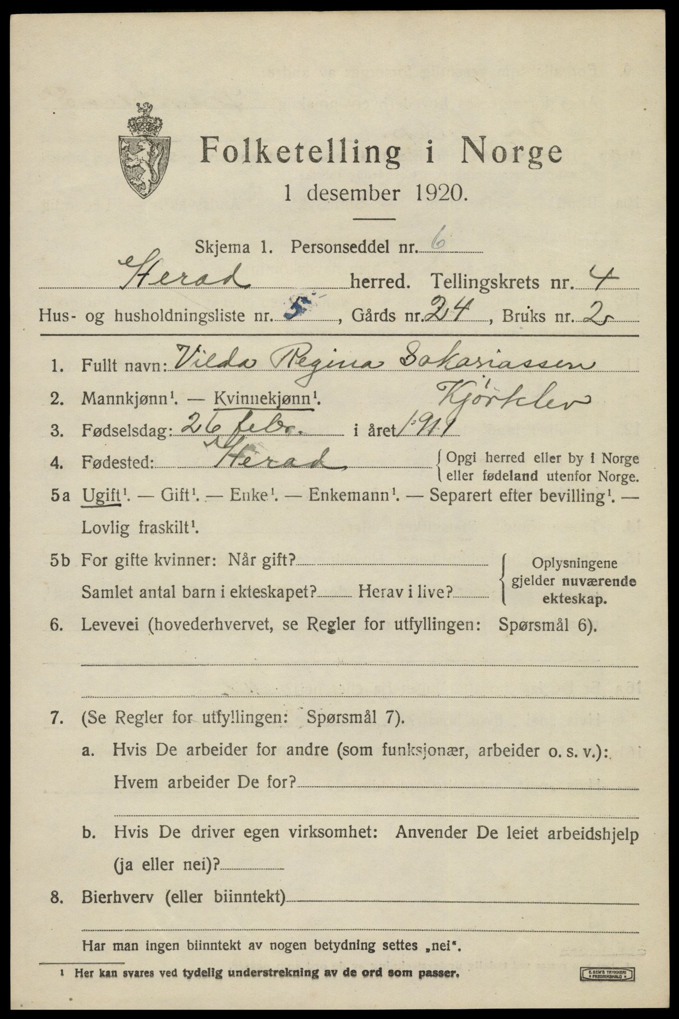 SAK, Folketelling 1920 for 1039 Herad herred, 1920, s. 1774