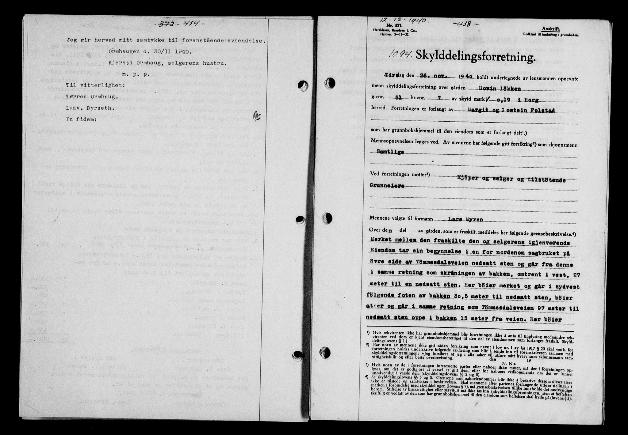 Gauldal sorenskriveri, SAT/A-0014/1/2/2C/L0052: Pantebok nr. 57, 1940-1941, Dagboknr: 1094/1940