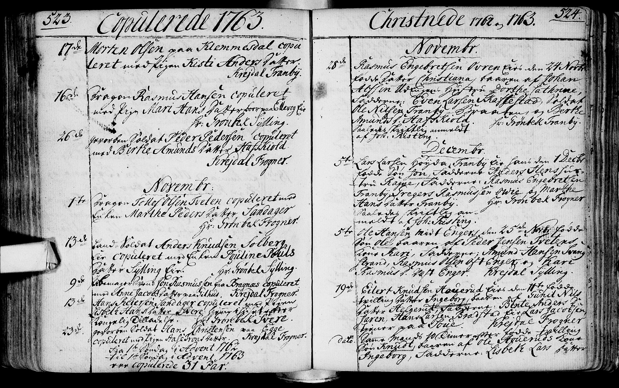 Lier kirkebøker, AV/SAKO-A-230/F/Fa/L0004: Ministerialbok nr. I 4, 1749-1764, s. 523-524