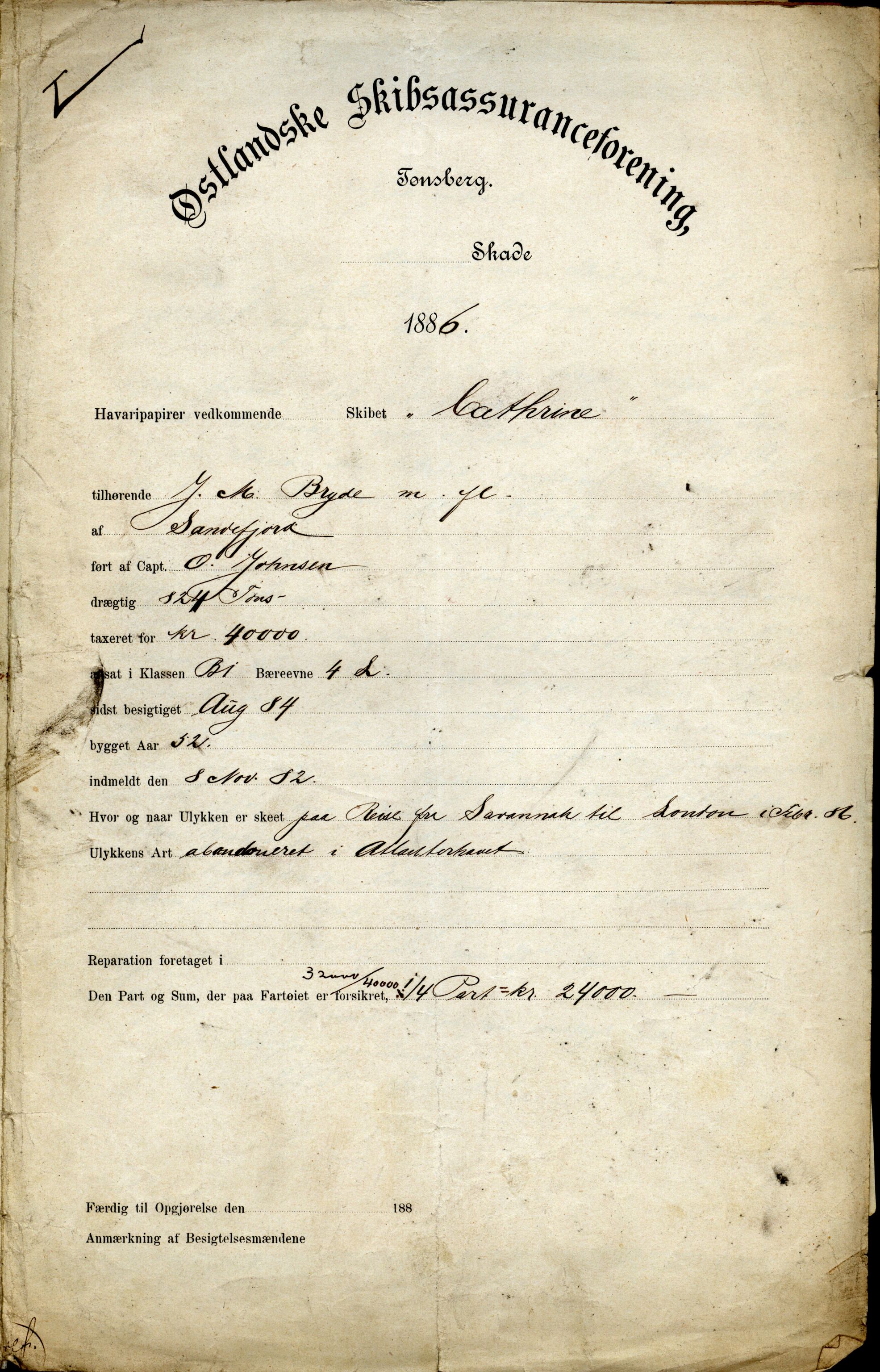 Pa 63 - Østlandske skibsassuranceforening, VEMU/A-1079/G/Ga/L0019/0010: Havaridokumenter / Victoria, Vigor, Cathrine, Brillant, Alvega, Rotvid, 1886, s. 15