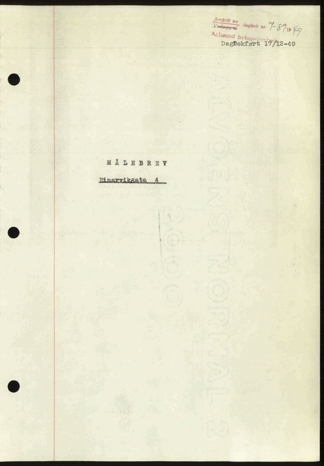 Ålesund byfogd, AV/SAT-A-4384: Pantebok nr. 37A (2), 1949-1950, Dagboknr: 789/1949