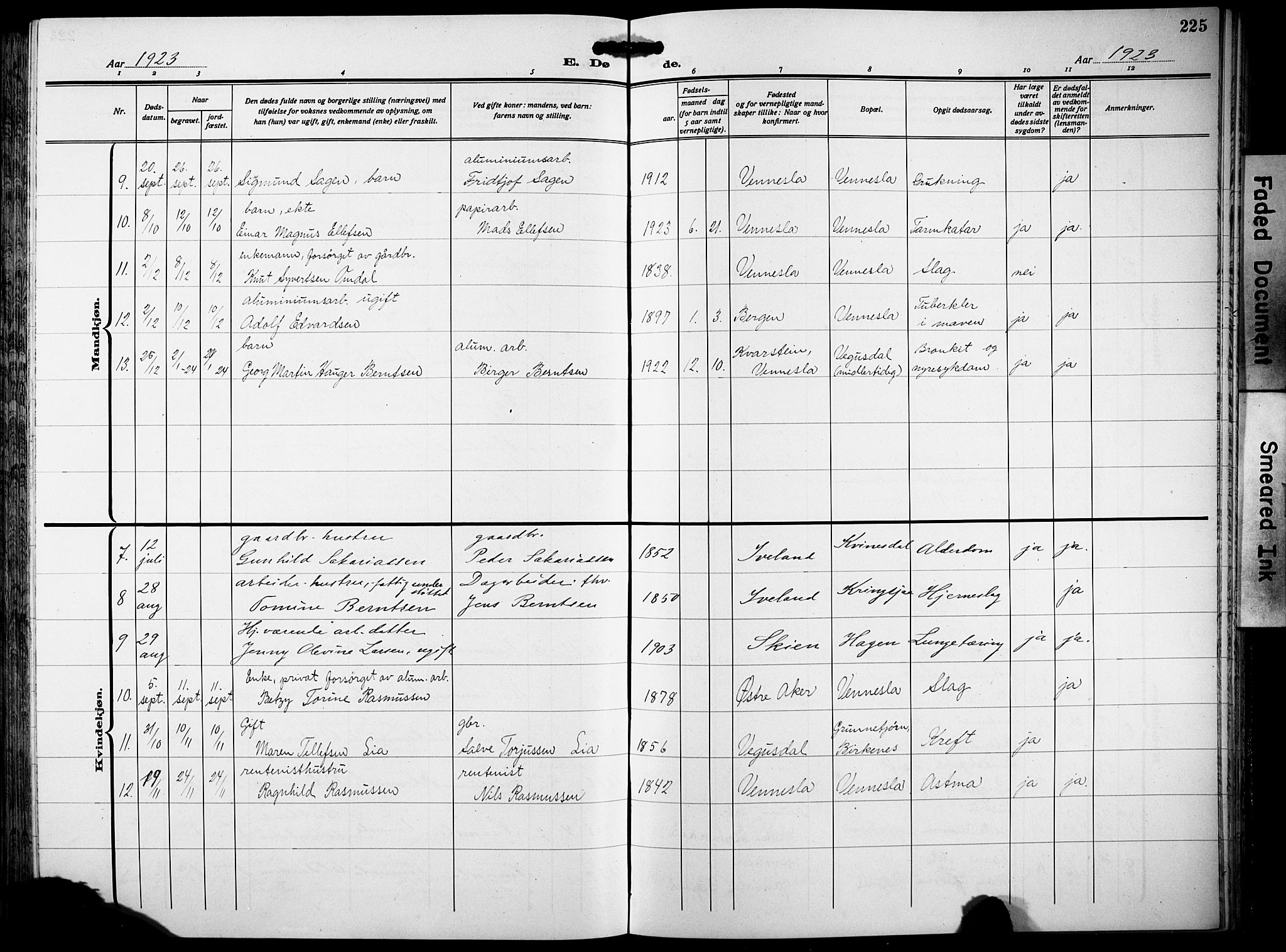 Vennesla sokneprestkontor, AV/SAK-1111-0045/Fb/Fbb/L0007: Klokkerbok nr. B 7, 1922-1933, s. 225