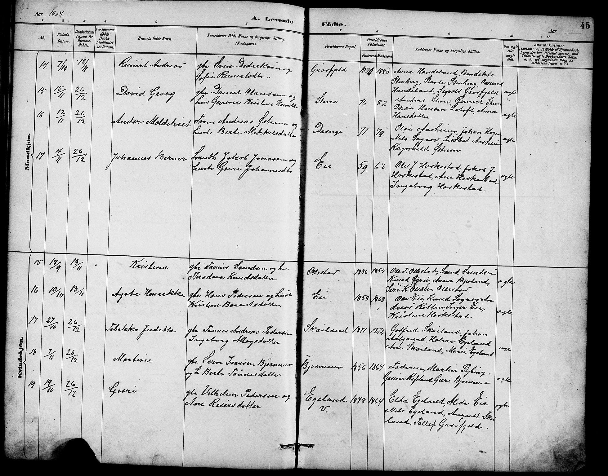 Lund sokneprestkontor, AV/SAST-A-101809/S07/L0007: Klokkerbok nr. B 7, 1890-1925, s. 45