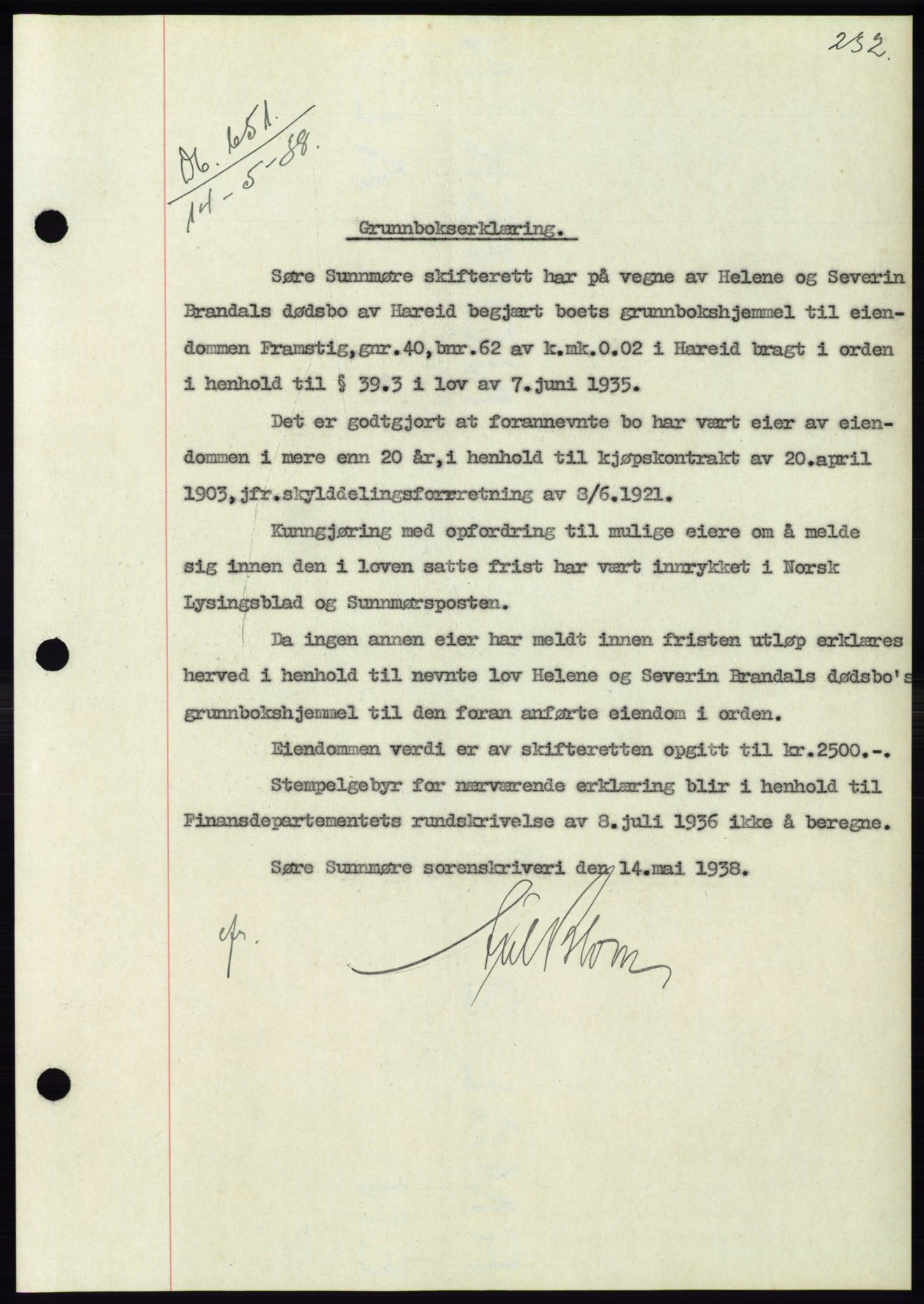 Søre Sunnmøre sorenskriveri, AV/SAT-A-4122/1/2/2C/L0065: Pantebok nr. 59, 1938-1938, Dagboknr: 651/1938