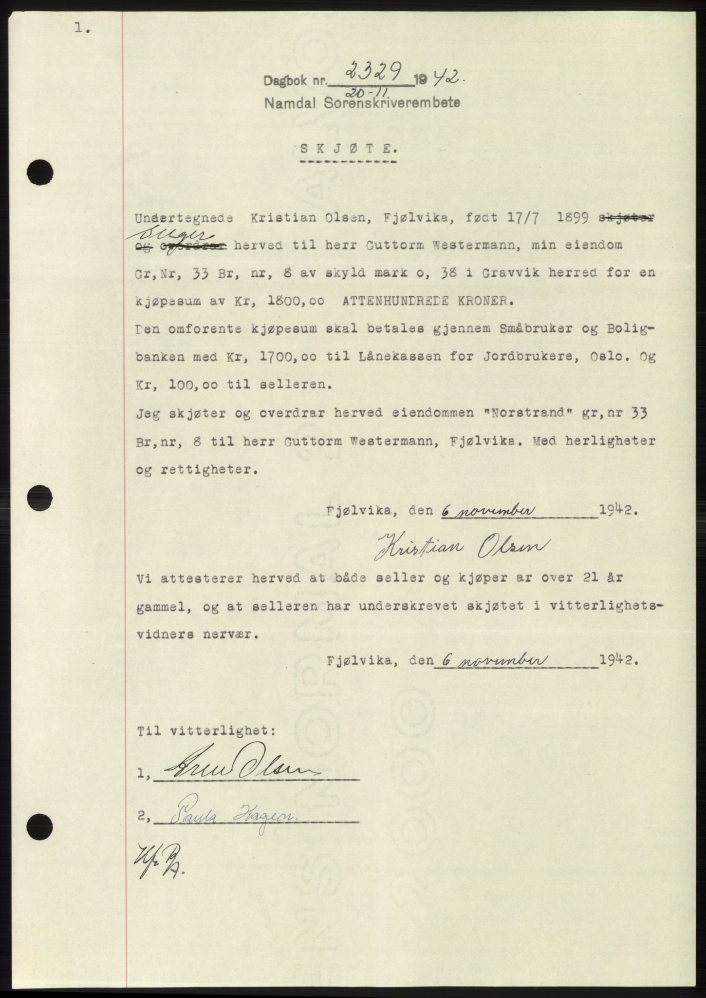 Namdal sorenskriveri, SAT/A-4133/1/2/2C: Pantebok nr. -, 1942-1943, Dagboknr: 2329/1942