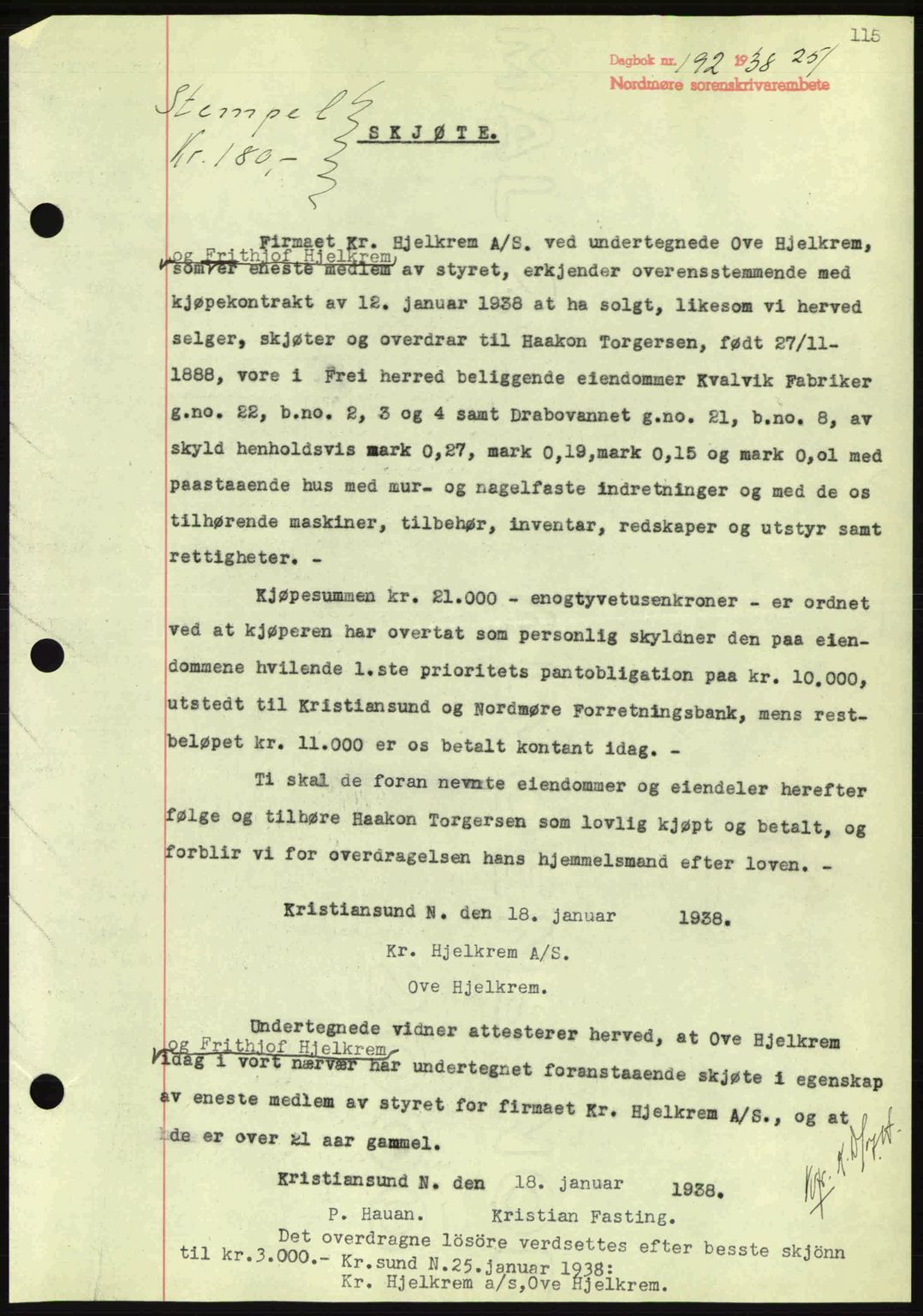 Nordmøre sorenskriveri, SAT/A-4132/1/2/2Ca: Pantebok nr. A83, 1938-1938, Dagboknr: 192/1938