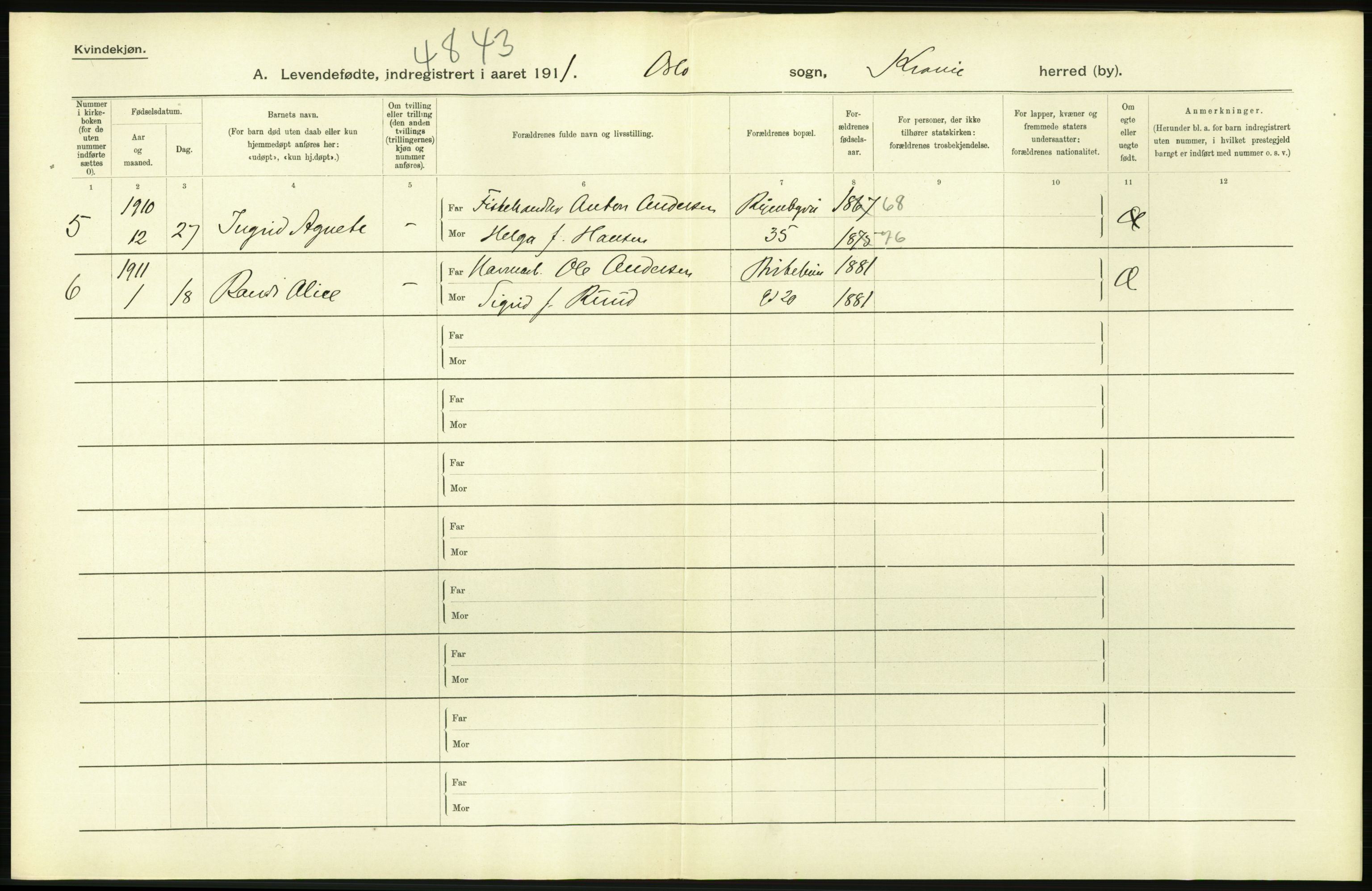 Statistisk sentralbyrå, Sosiodemografiske emner, Befolkning, AV/RA-S-2228/D/Df/Dfb/Dfba/L0007: Kristiania: Levendefødte kvinner., 1911, s. 498