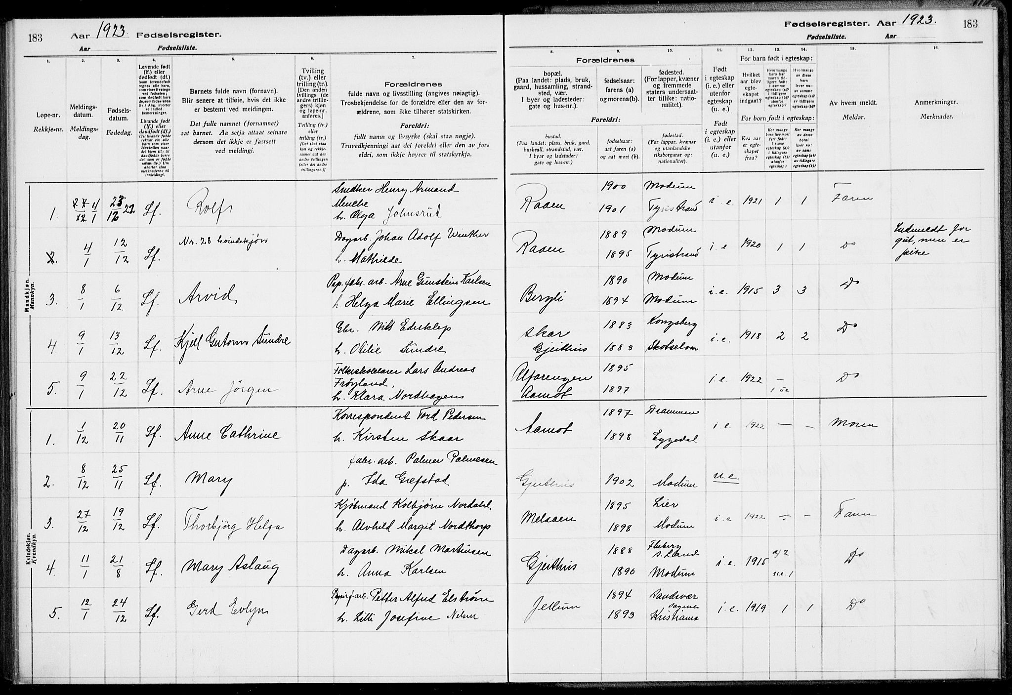 Modum kirkebøker, SAKO/A-234/J/Ja/L0001: Fødselsregister nr. I 1, 1916-1923, s. 183