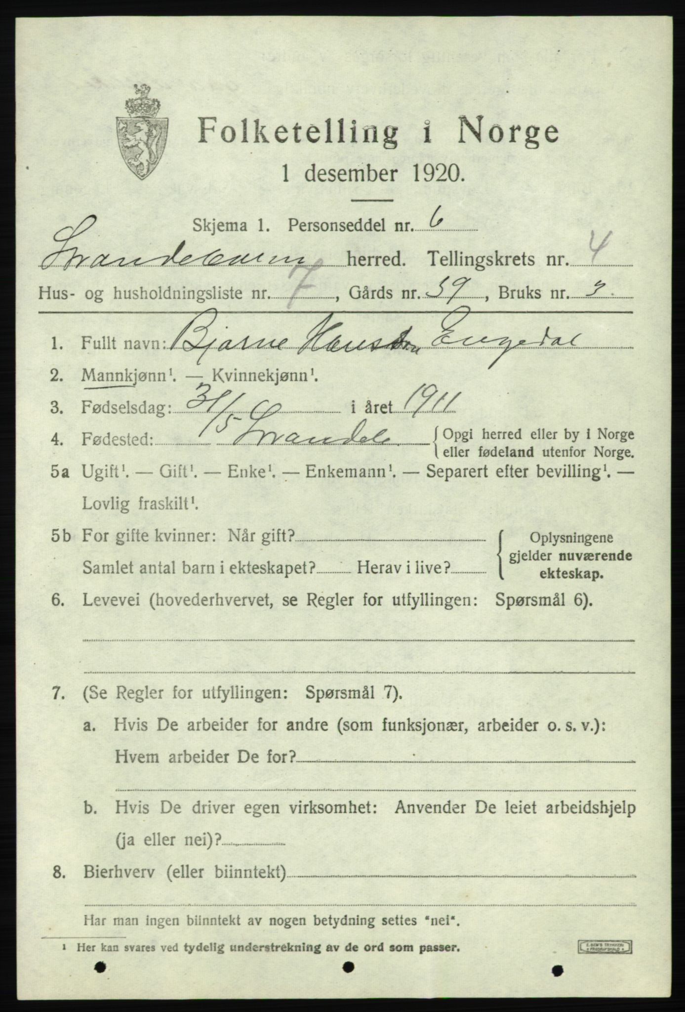 SAB, Folketelling 1920 for 1226 Strandebarm herred, 1920, s. 3544