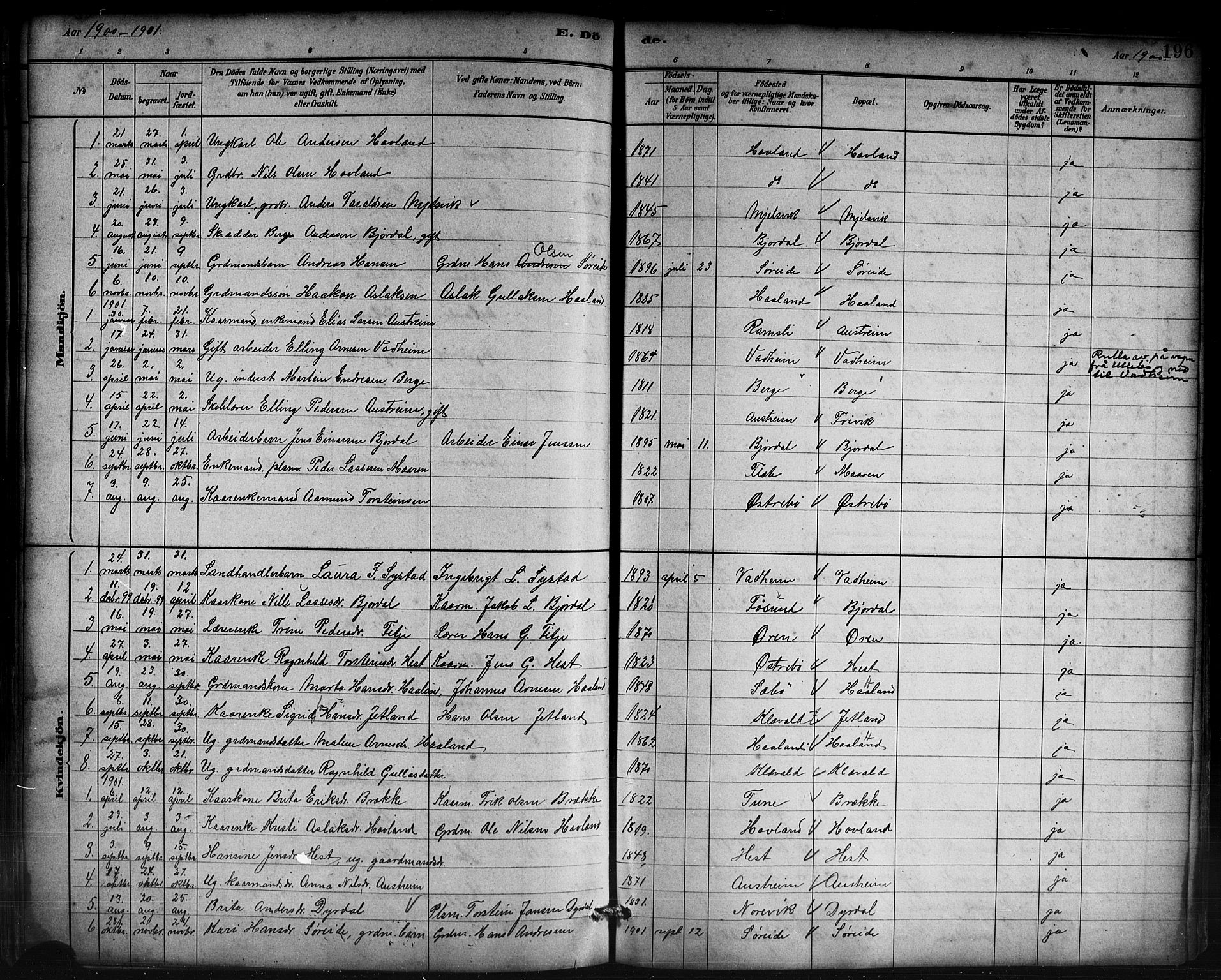 Lavik sokneprestembete, AV/SAB-A-80901: Klokkerbok nr. B 3, 1882-1913, s. 196
