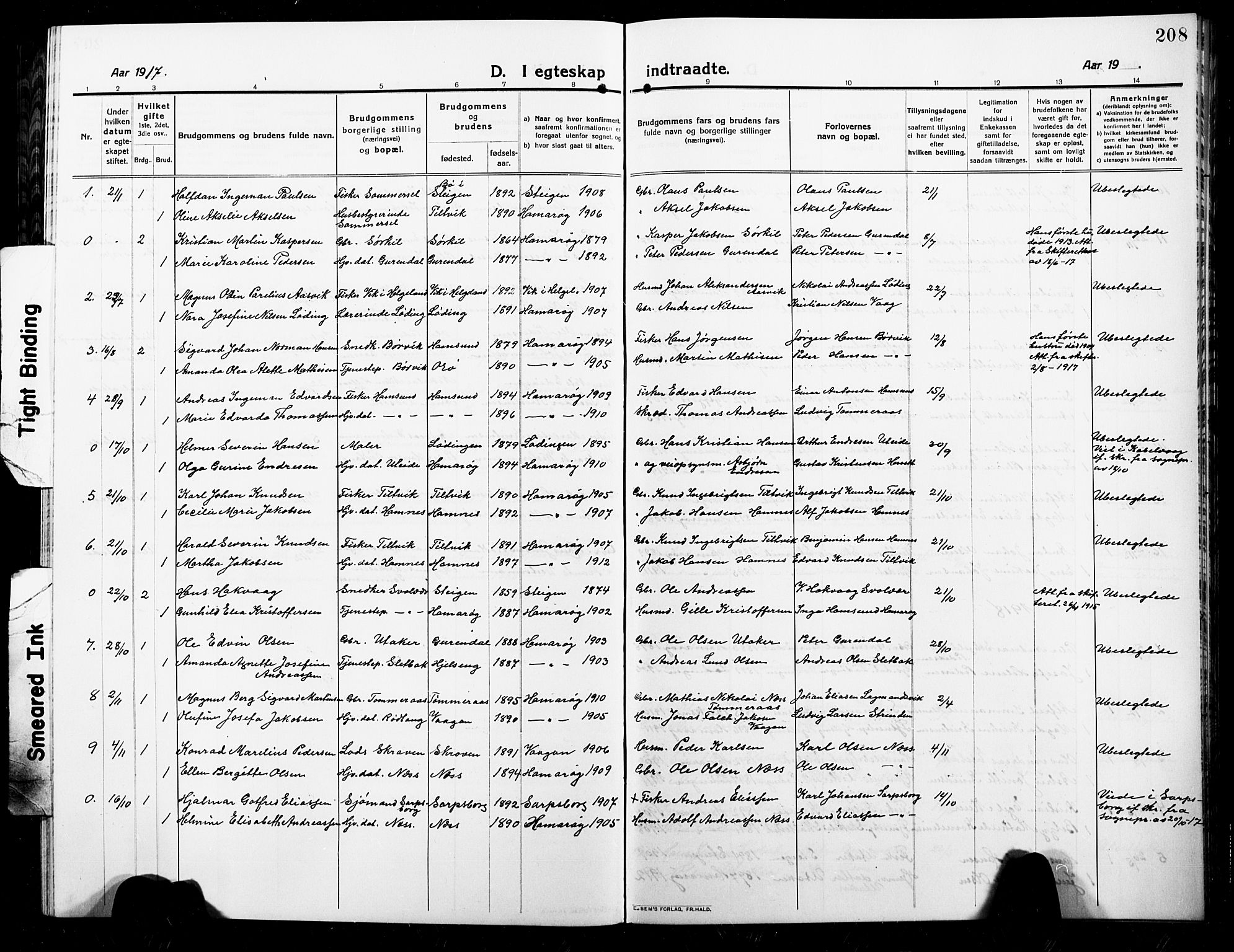 Ministerialprotokoller, klokkerbøker og fødselsregistre - Nordland, SAT/A-1459/859/L0861: Klokkerbok nr. 859C07, 1910-1925, s. 208