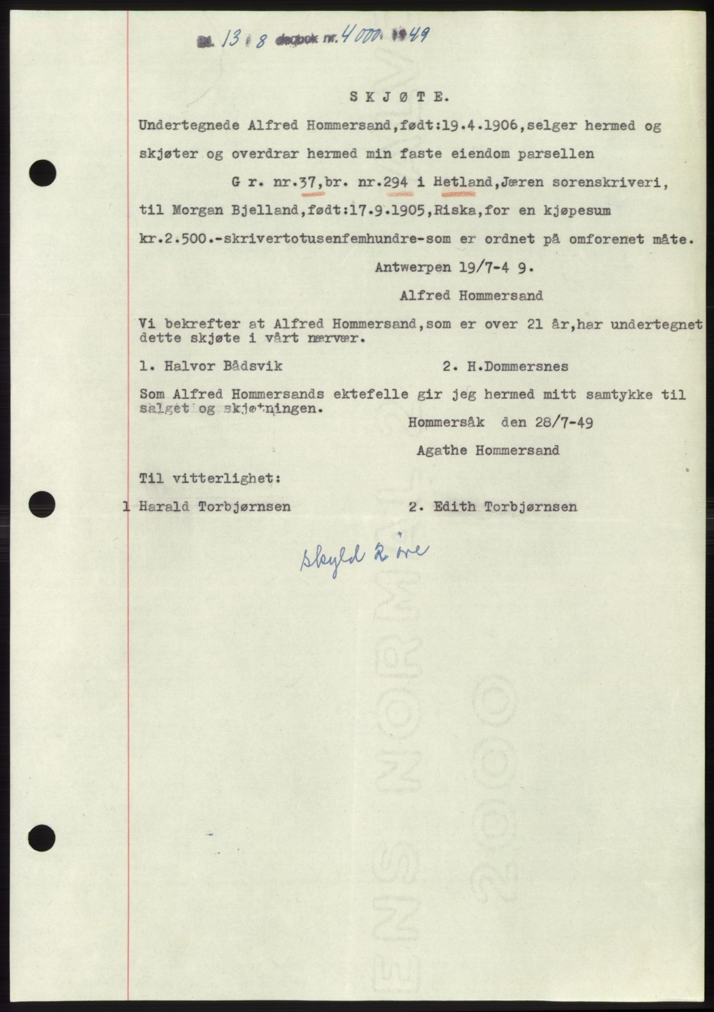 Jæren sorenskriveri, SAST/A-100310/03/G/Gba/L0103: Pantebok, 1949-1949, Dagboknr: 4000/1949