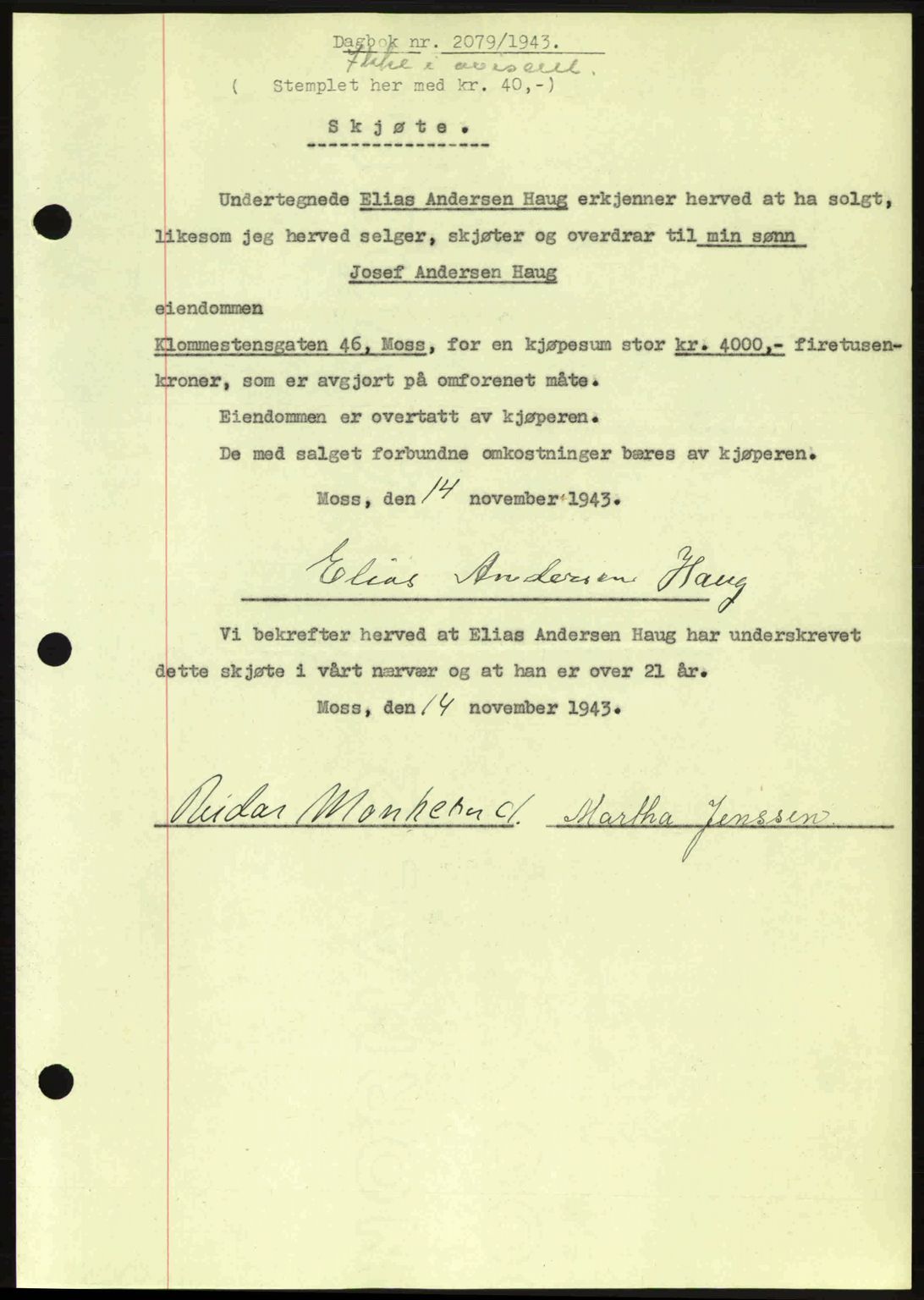 Moss sorenskriveri, SAO/A-10168: Pantebok nr. A12, 1943-1944, Dagboknr: 2079/1943