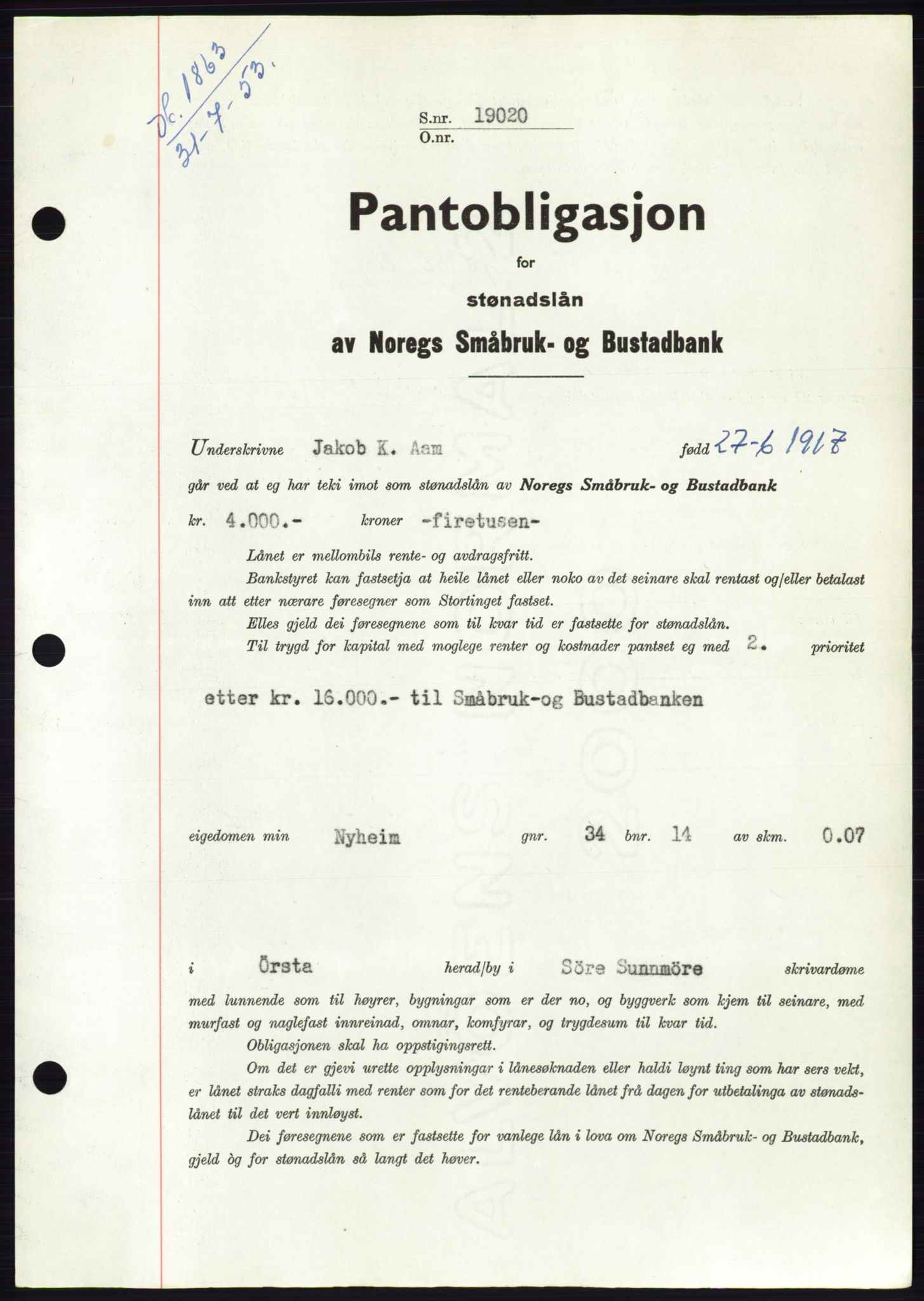 Søre Sunnmøre sorenskriveri, SAT/A-4122/1/2/2C/L0123: Pantebok nr. 11B, 1953-1953, Dagboknr: 1863/1953