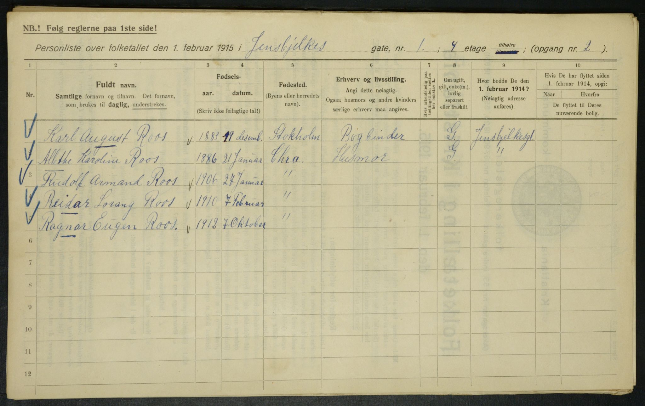 OBA, Kommunal folketelling 1.2.1915 for Kristiania, 1915, s. 45001