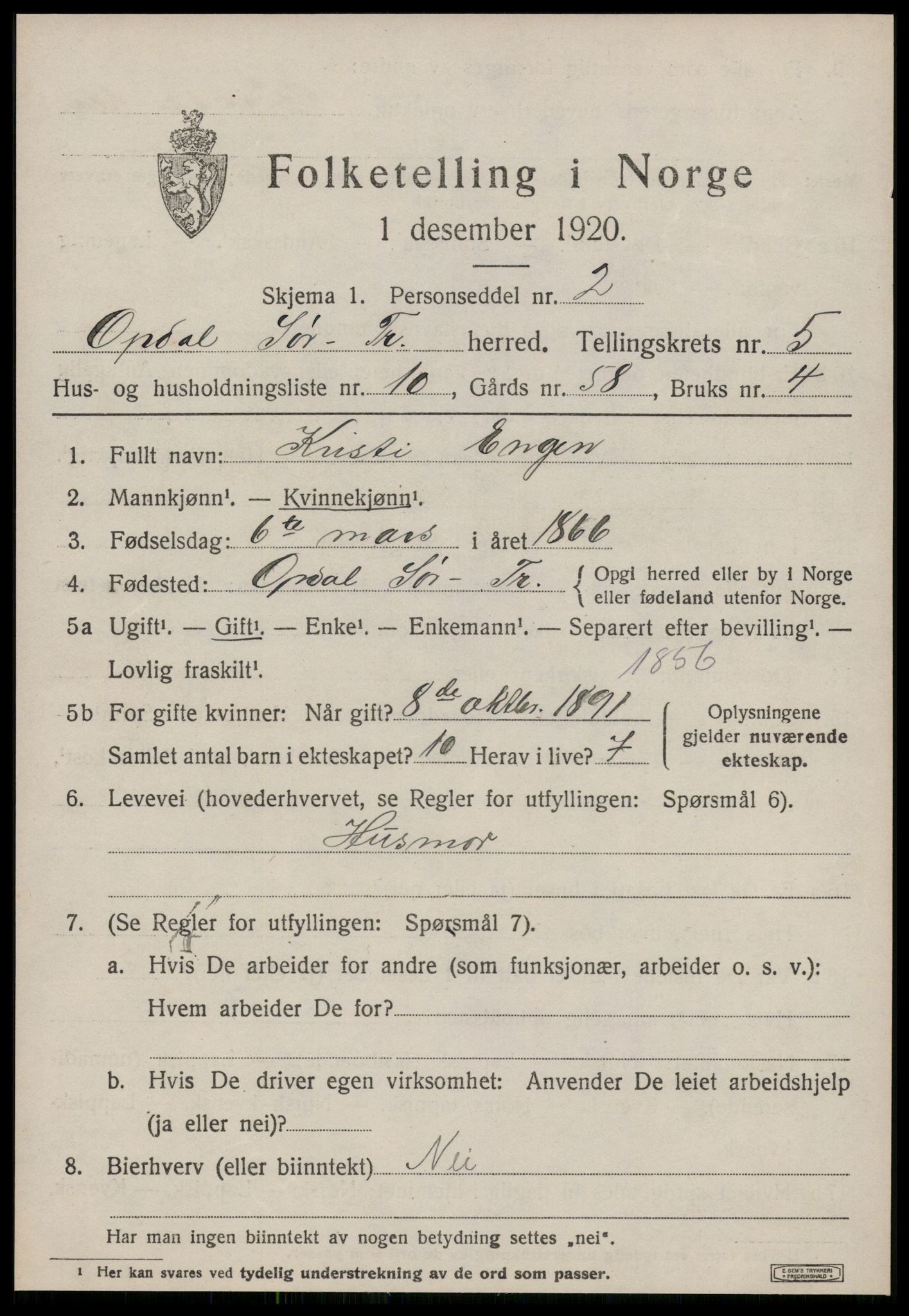 SAT, Folketelling 1920 for 1634 Oppdal herred, 1920, s. 5065