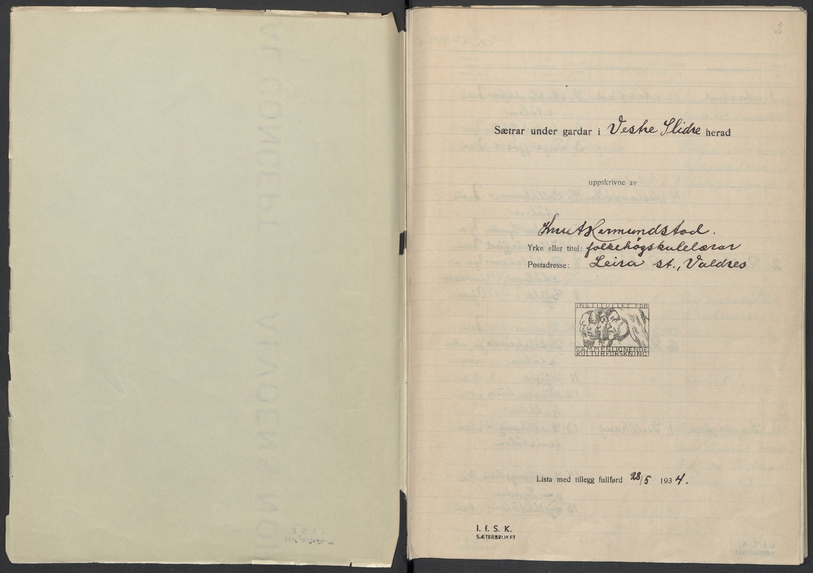 Instituttet for sammenlignende kulturforskning, AV/RA-PA-0424/F/Fc/L0005/0002: Eske B5: / Oppland (perm XI), 1934-1935, s. 2