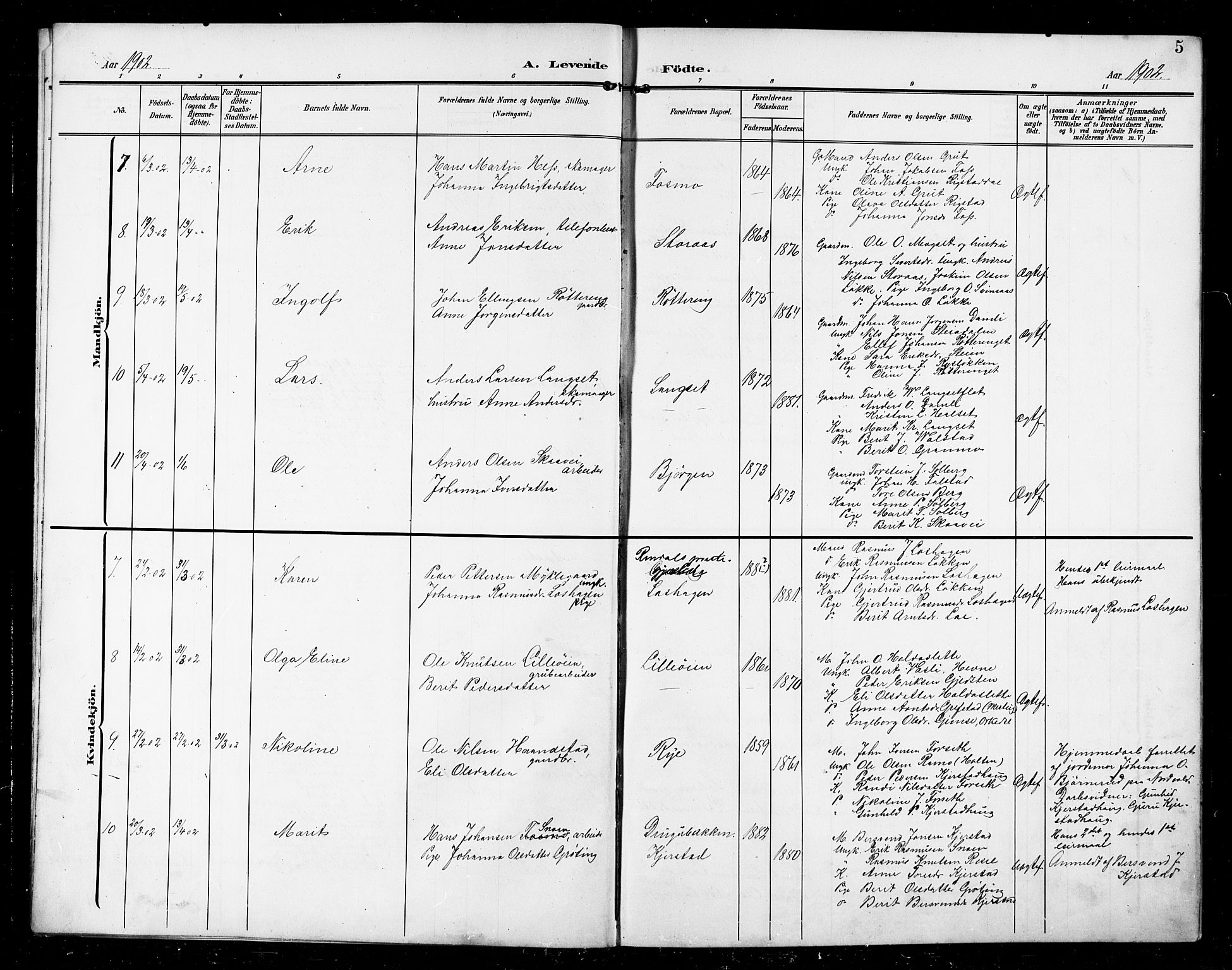 Ministerialprotokoller, klokkerbøker og fødselsregistre - Sør-Trøndelag, AV/SAT-A-1456/672/L0864: Klokkerbok nr. 672C03, 1902-1914, s. 5