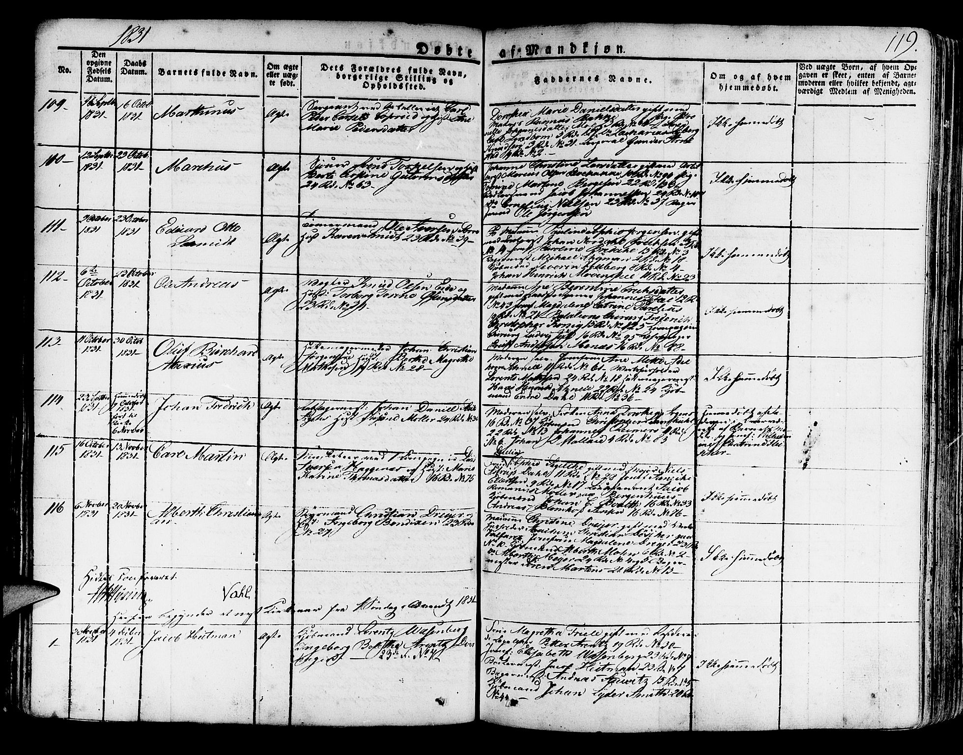 Korskirken sokneprestembete, AV/SAB-A-76101/H/Haa/L0014: Ministerialbok nr. A 14, 1823-1835, s. 119