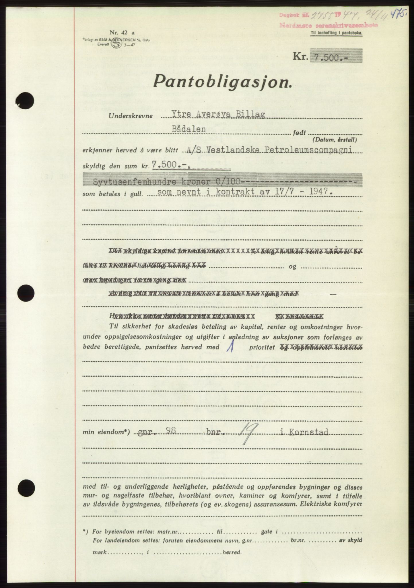 Nordmøre sorenskriveri, AV/SAT-A-4132/1/2/2Ca: Pantebok nr. B97, 1947-1948, Dagboknr: 2755/1947