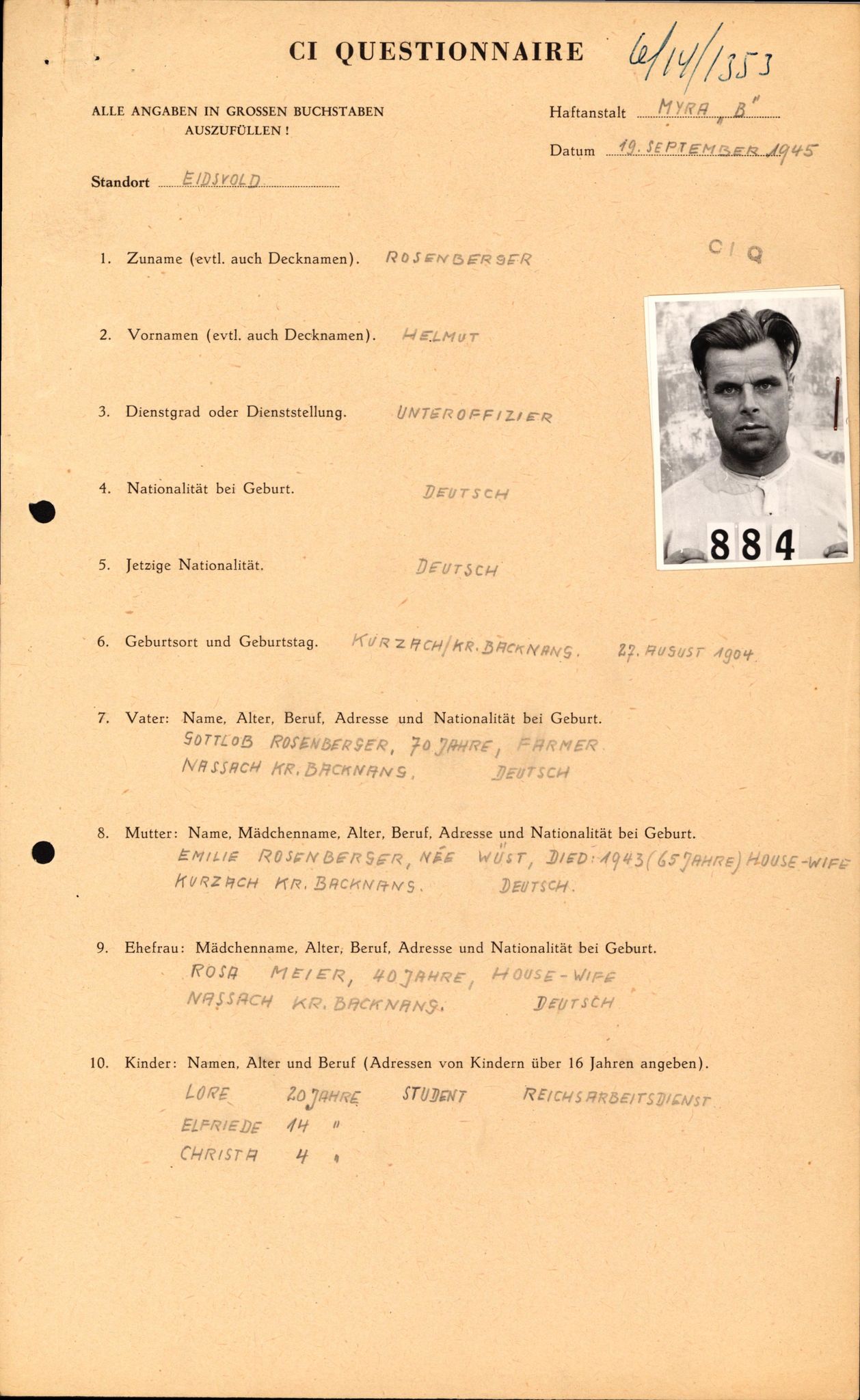 Forsvaret, Forsvarets overkommando II, AV/RA-RAFA-3915/D/Db/L0028: CI Questionaires. Tyske okkupasjonsstyrker i Norge. Tyskere., 1945-1946, s. 126