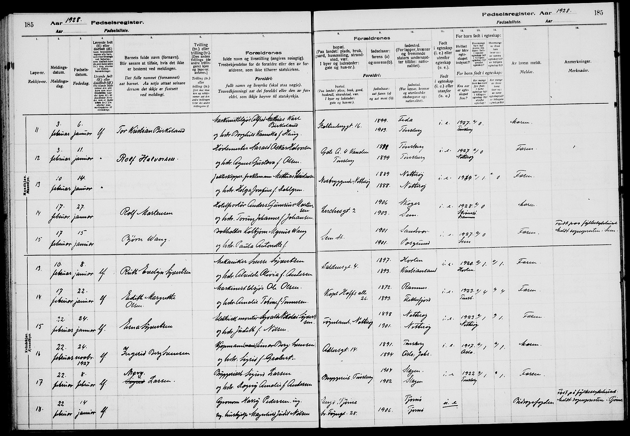 Tønsberg kirkebøker, AV/SAKO-A-330/J/Ja/L0002: Fødselsregister nr. 2, 1922-1928, s. 185