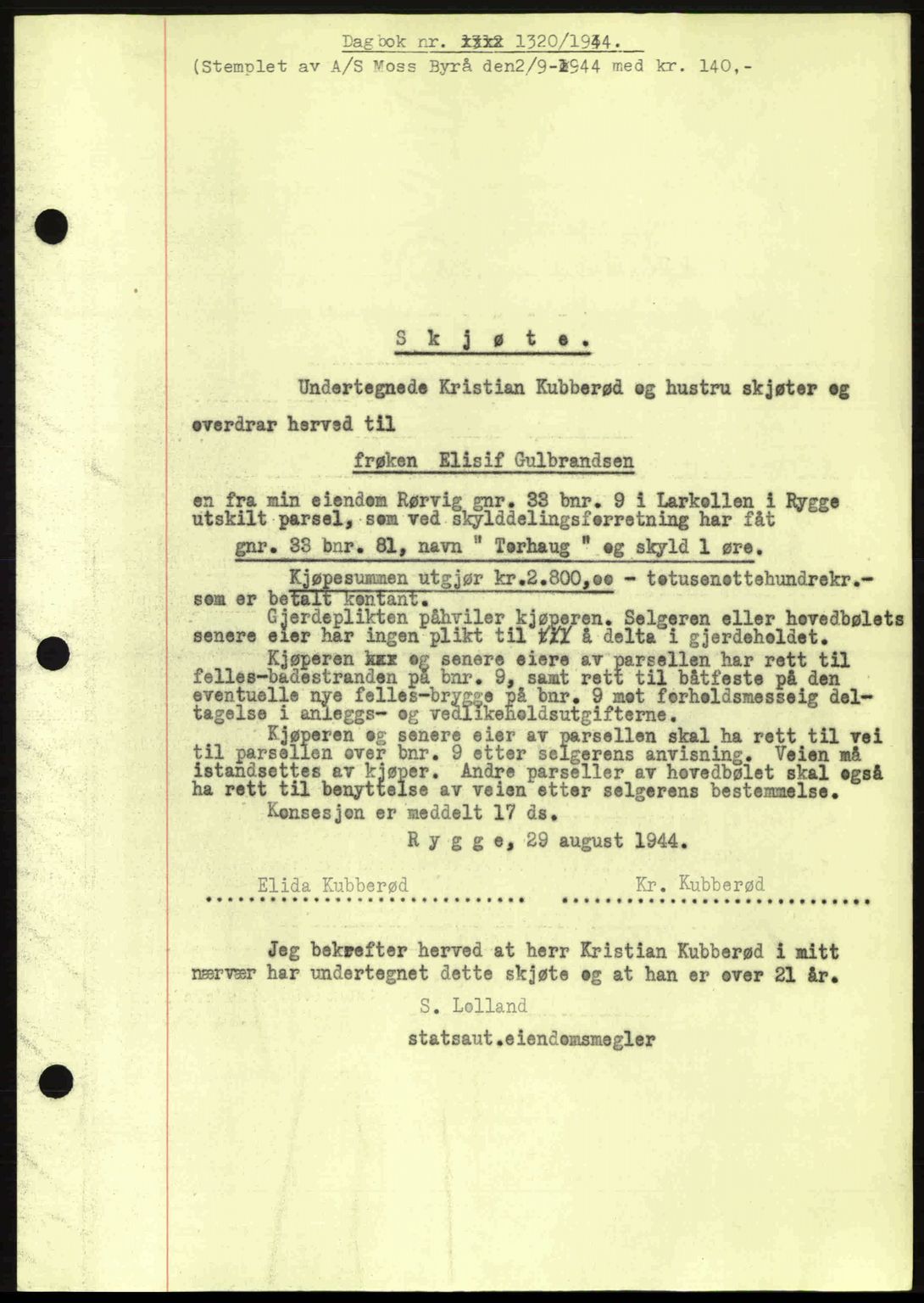 Moss sorenskriveri, SAO/A-10168: Pantebok nr. A12, 1943-1944, Dagboknr: 1320/1944