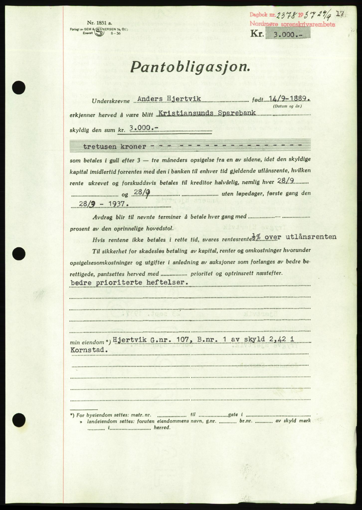 Nordmøre sorenskriveri, AV/SAT-A-4132/1/2/2Ca/L0092: Pantebok nr. B82, 1937-1938, Dagboknr: 2378/1937