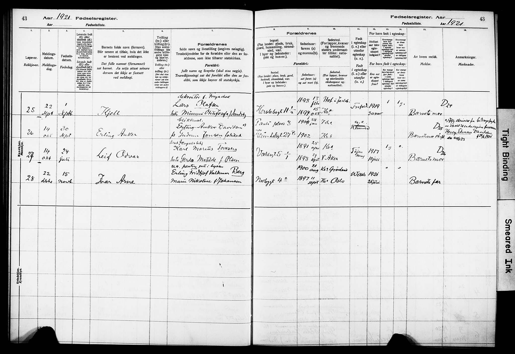 Wexel prestekontor Kirkebøker, AV/SAO-A-10879/J/L0001: Fødselsregister nr. 1, 1916-1930, s. 43