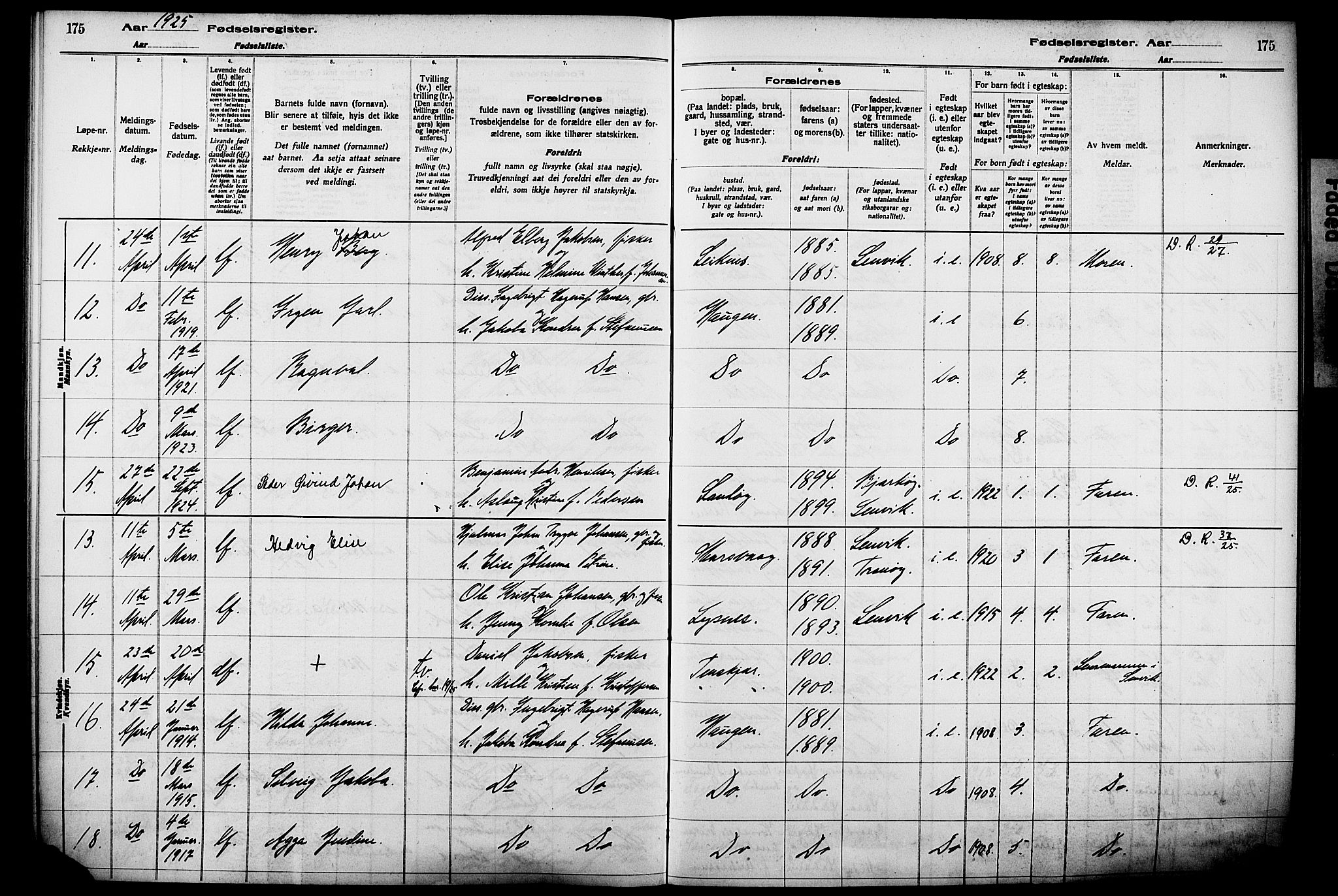 Lenvik sokneprestembete, AV/SATØ-S-1310/I/Ic/L0089: Fødselsregister nr. 89, 1916-1926, s. 175