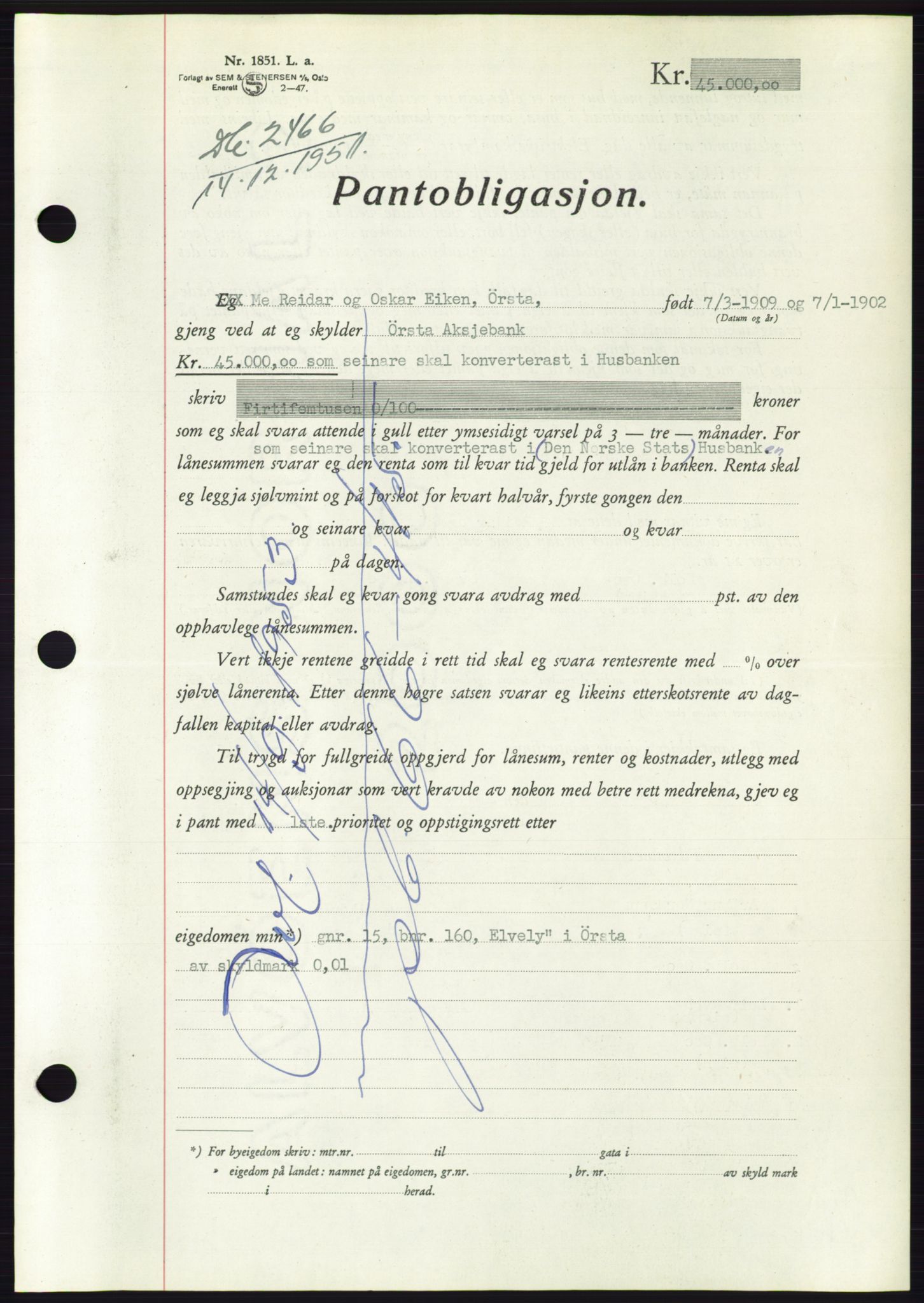 Søre Sunnmøre sorenskriveri, AV/SAT-A-4122/1/2/2C/L0121: Pantebok nr. 9B, 1951-1952, Dagboknr: 2466/1951