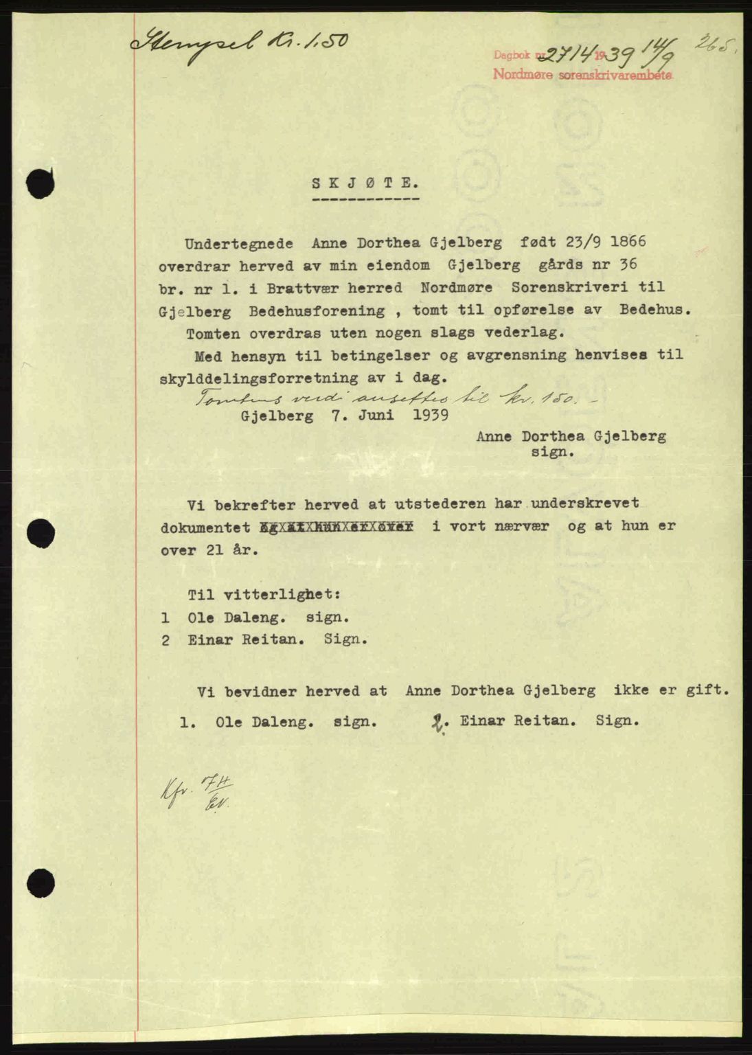 Nordmøre sorenskriveri, SAT/A-4132/1/2/2Ca: Pantebok nr. A87, 1939-1940, Dagboknr: 2714/1939