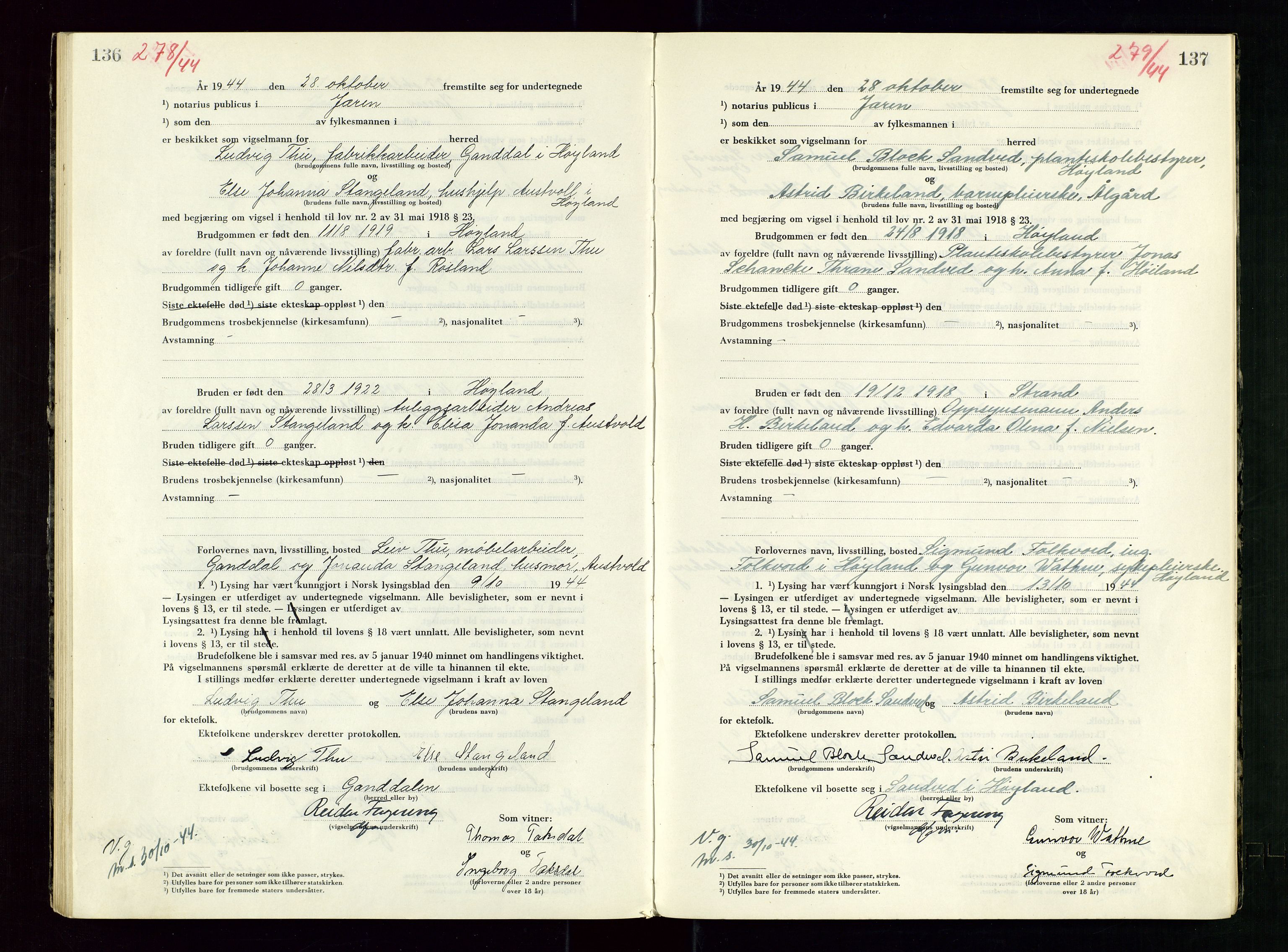 Jæren sorenskriveri, AV/SAST-A-100310/01/6/62/62BA/L0007: VIGSELSPROTOKOLL, 1944, s. 136-137