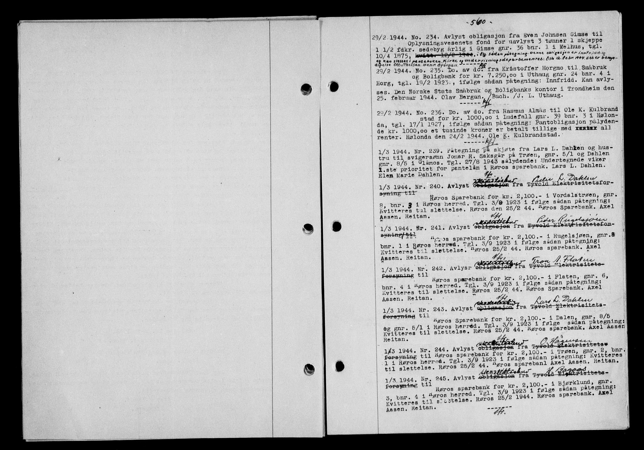 Gauldal sorenskriveri, SAT/A-0014/1/2/2C/L0057: Pantebok nr. 62, 1943-1944, Dagboknr: 234/1944