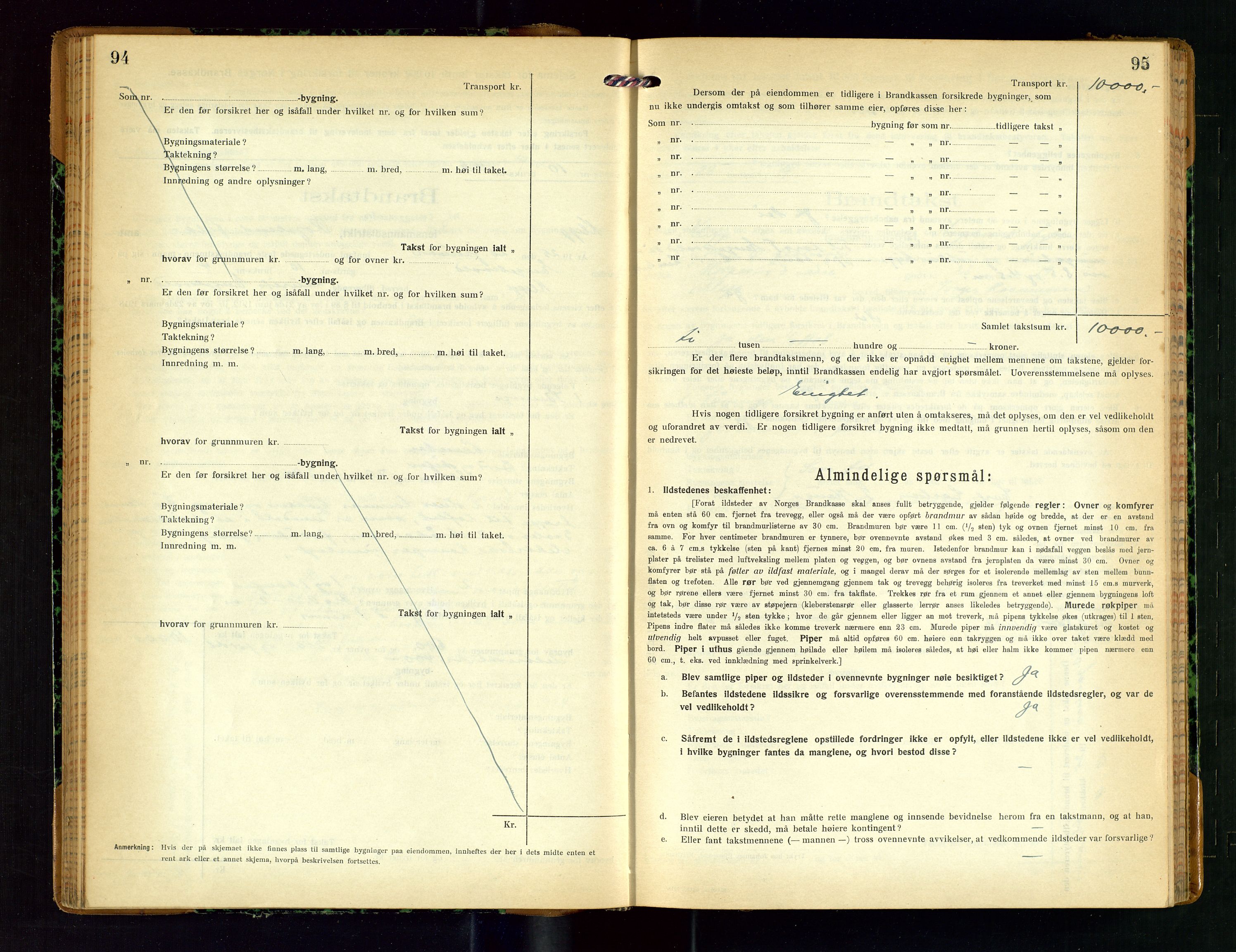 Klepp lensmannskontor, AV/SAST-A-100163/Goc/L0011: "Brandtakstprotokoll" m/register, 1924-1929, s. 94-95