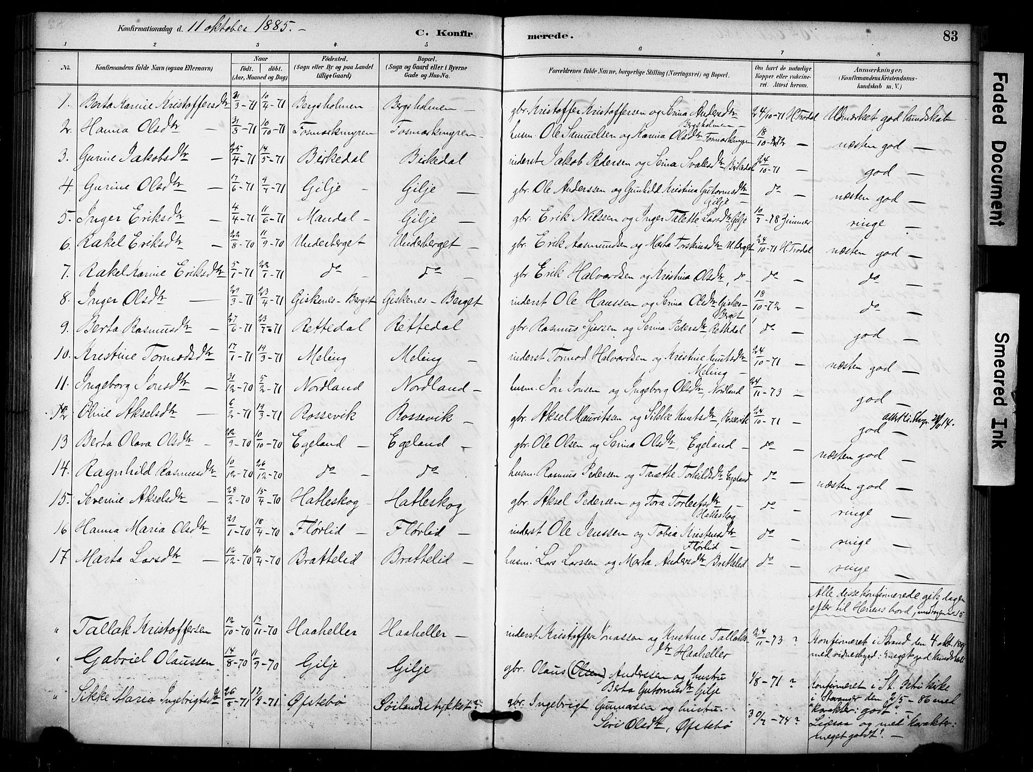 Høgsfjord sokneprestkontor, AV/SAST-A-101624/H/Ha/Haa/L0006: Ministerialbok nr. A 6, 1885-1897, s. 83