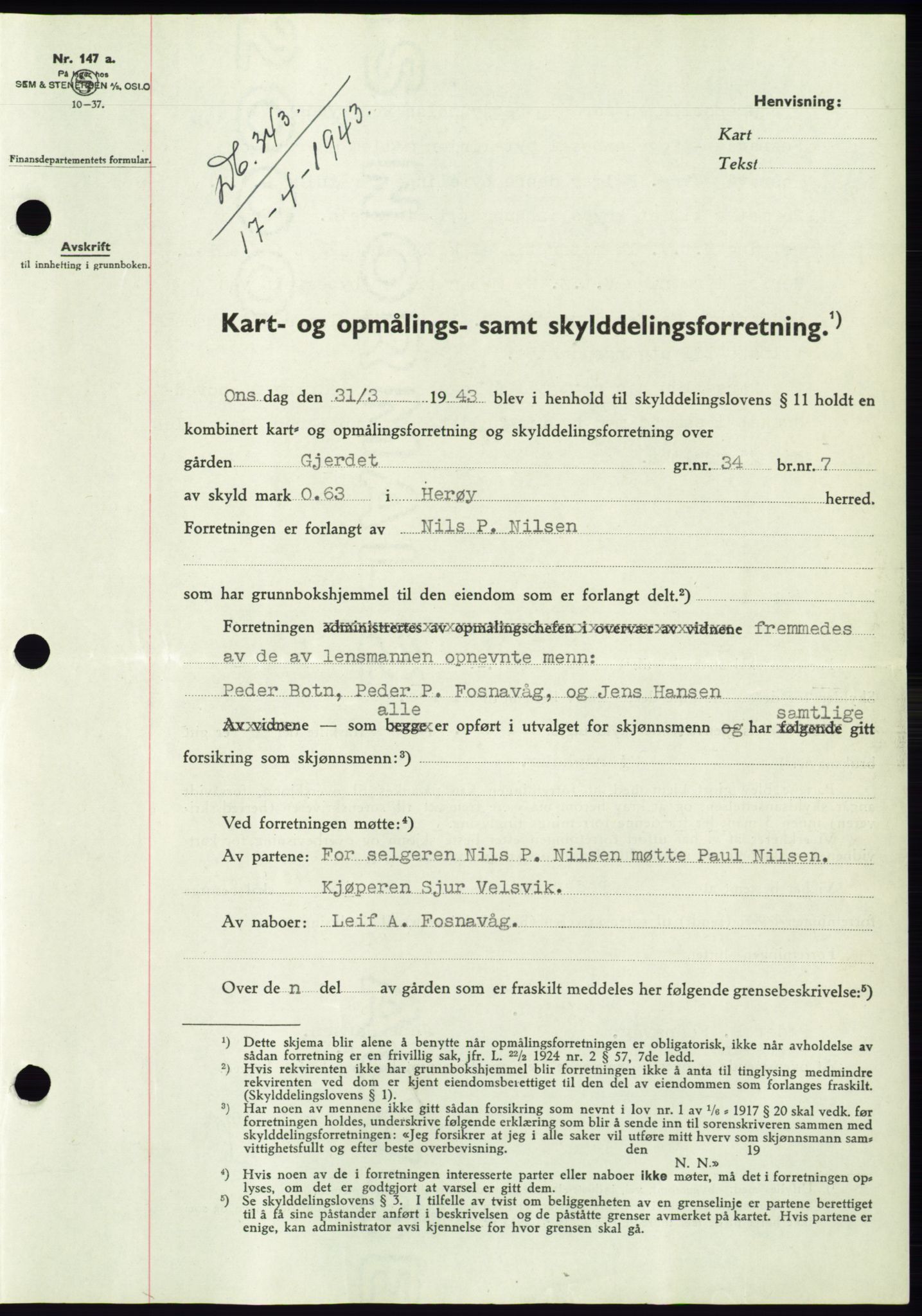 Søre Sunnmøre sorenskriveri, AV/SAT-A-4122/1/2/2C/L0075: Pantebok nr. 1A, 1943-1943, Dagboknr: 343/1943