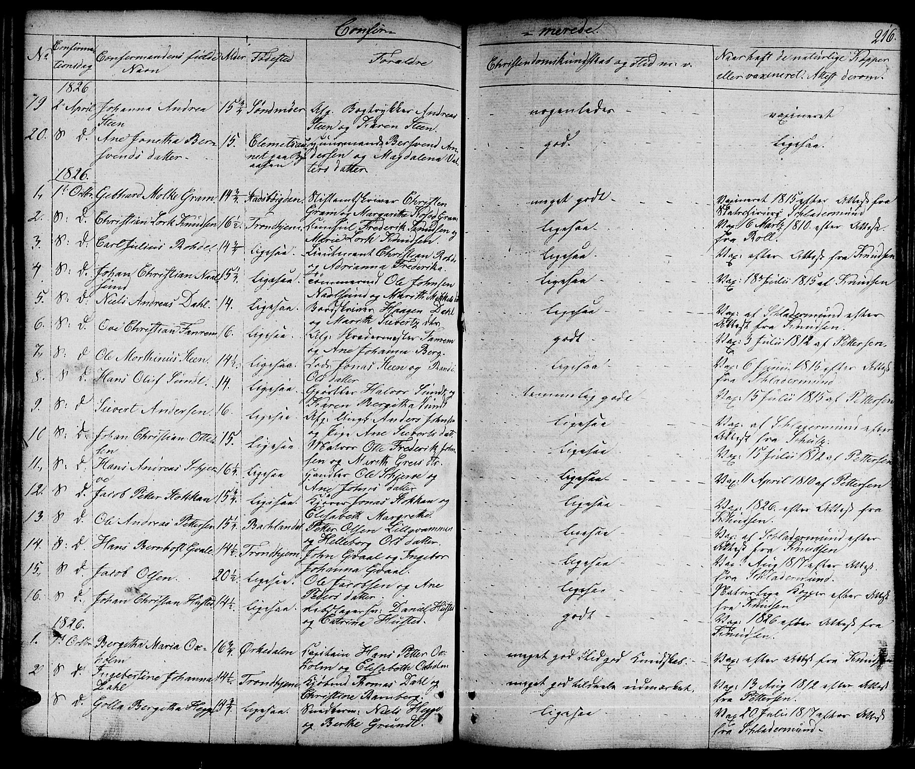 Ministerialprotokoller, klokkerbøker og fødselsregistre - Sør-Trøndelag, SAT/A-1456/601/L0045: Ministerialbok nr. 601A13, 1821-1831, s. 216