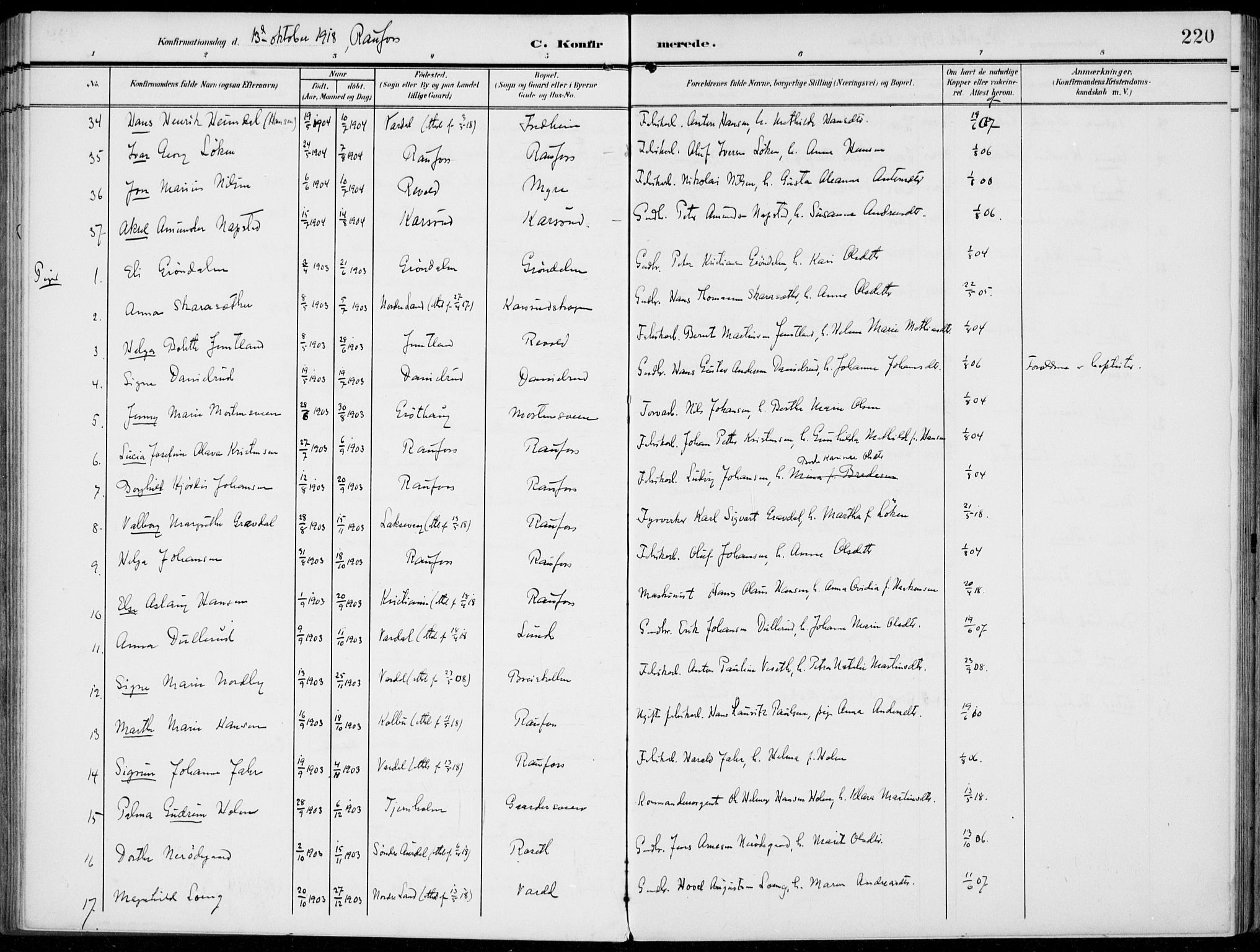 Vestre Toten prestekontor, AV/SAH-PREST-108/H/Ha/Haa/L0014: Ministerialbok nr. 14, 1907-1920, s. 220