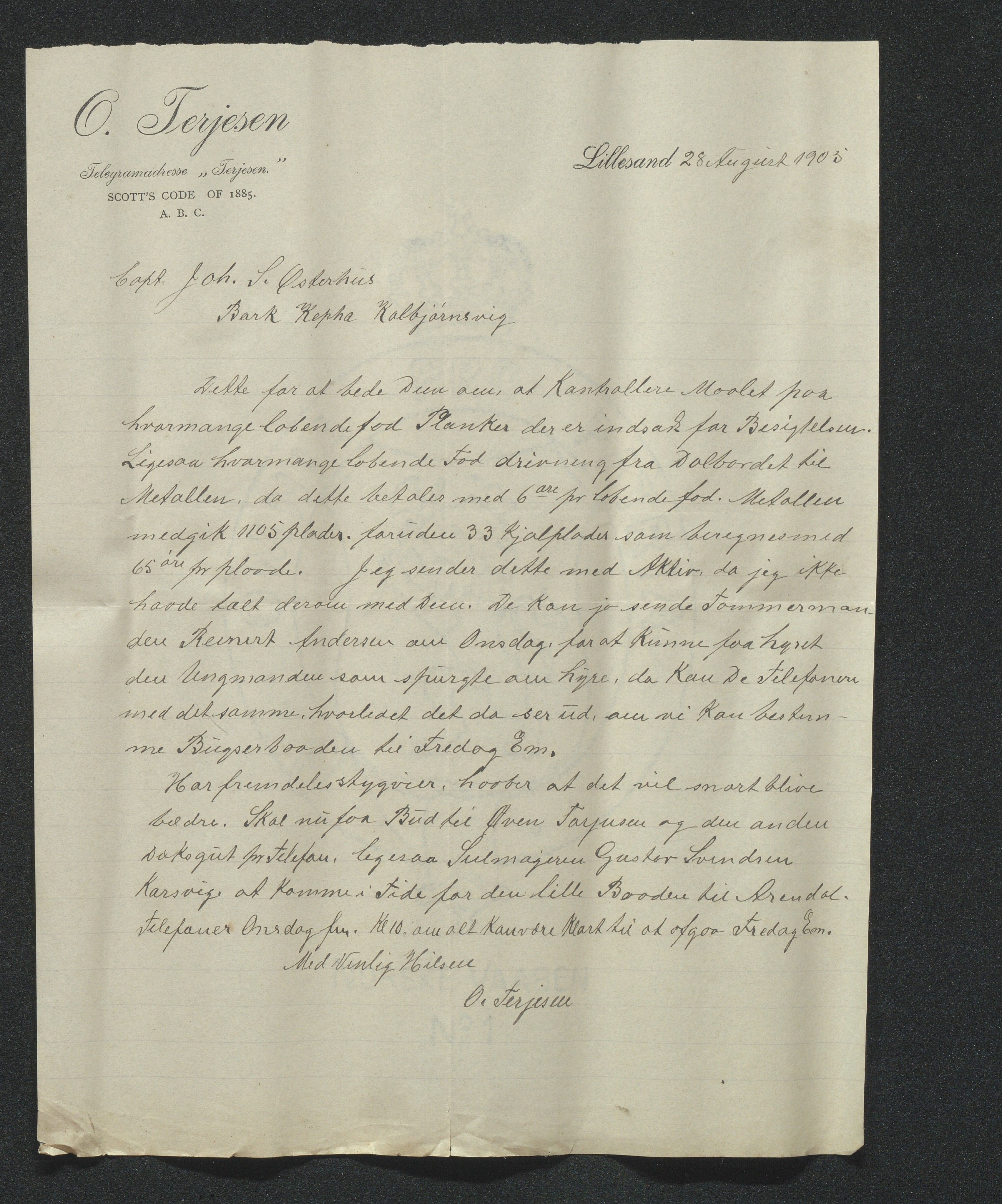 O. Terjesens rederi, AAKS/PA-2525/E/E01/L0014: Korrespondanse, 1905