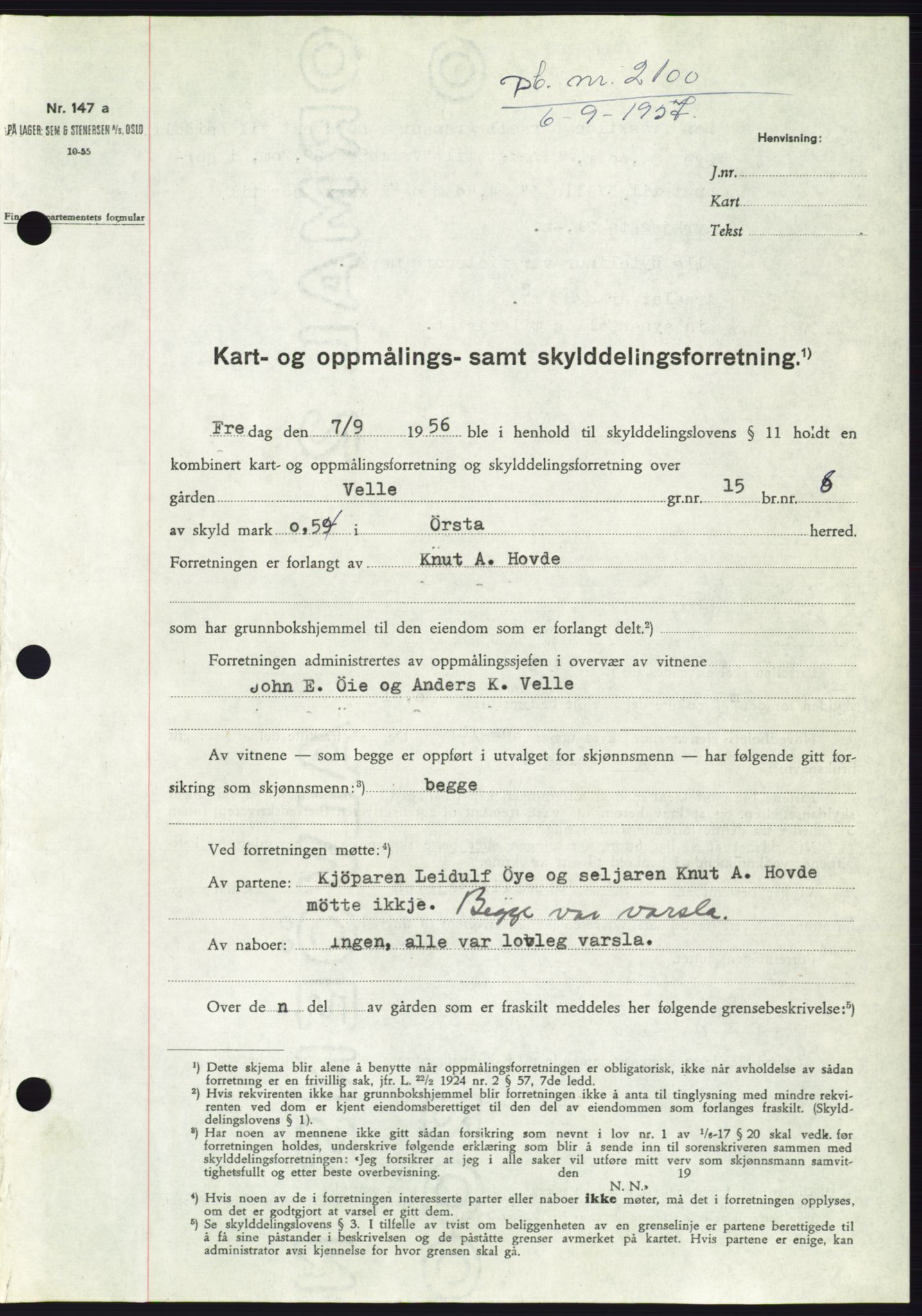Søre Sunnmøre sorenskriveri, SAT/A-4122/1/2/2C/L0107: Pantebok nr. 33A, 1957-1957, Dagboknr: 2100/1957