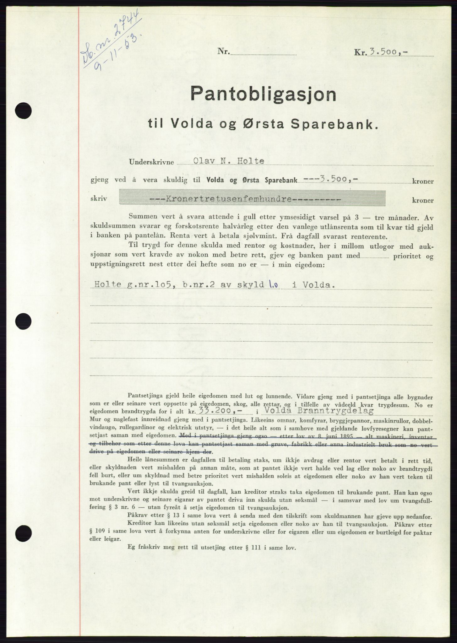 Søre Sunnmøre sorenskriveri, AV/SAT-A-4122/1/2/2C/L0124: Pantebok nr. 12B, 1953-1954, Dagboknr: 2744/1953