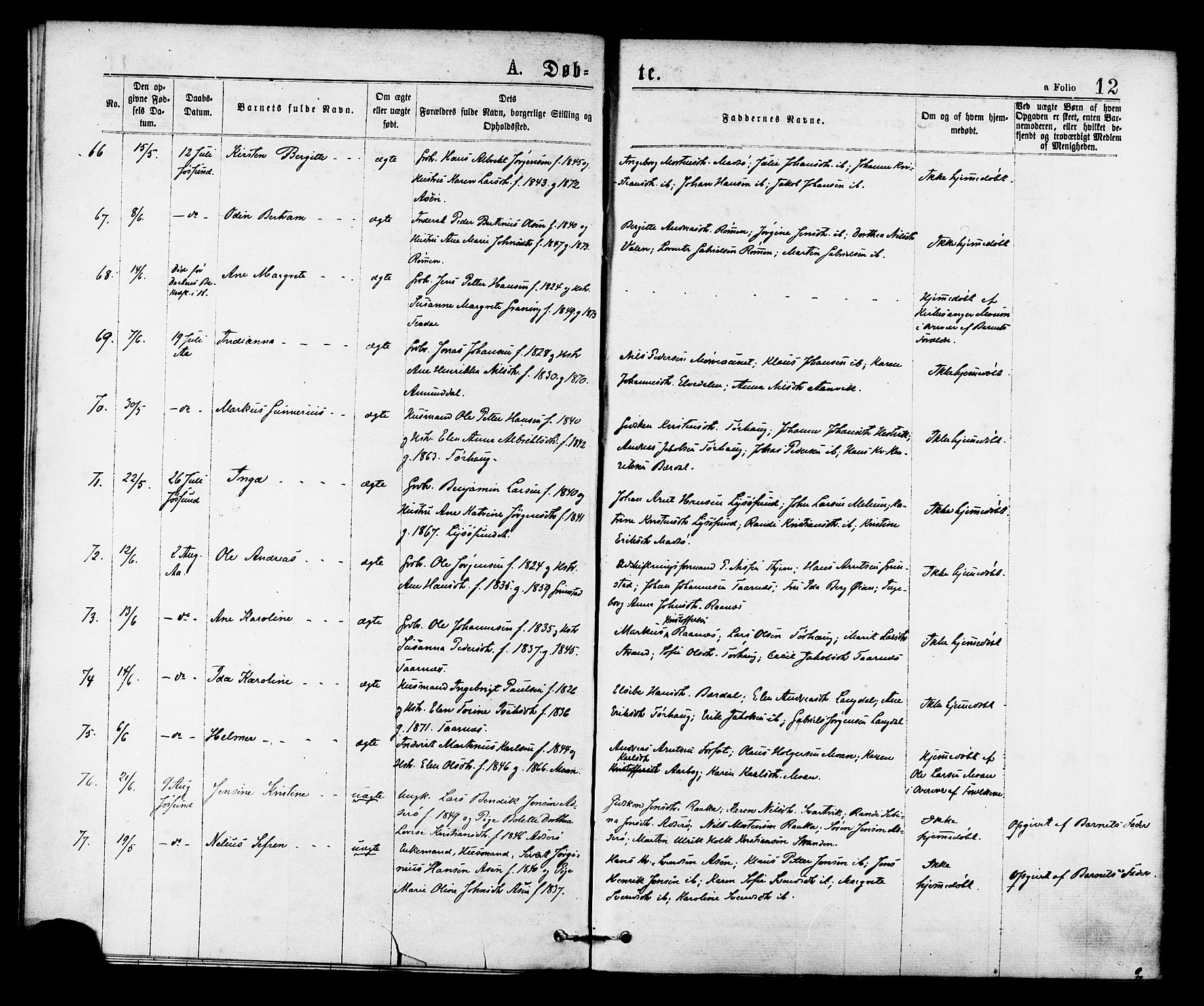 Ministerialprotokoller, klokkerbøker og fødselsregistre - Sør-Trøndelag, AV/SAT-A-1456/655/L0679: Ministerialbok nr. 655A08, 1873-1879, s. 12