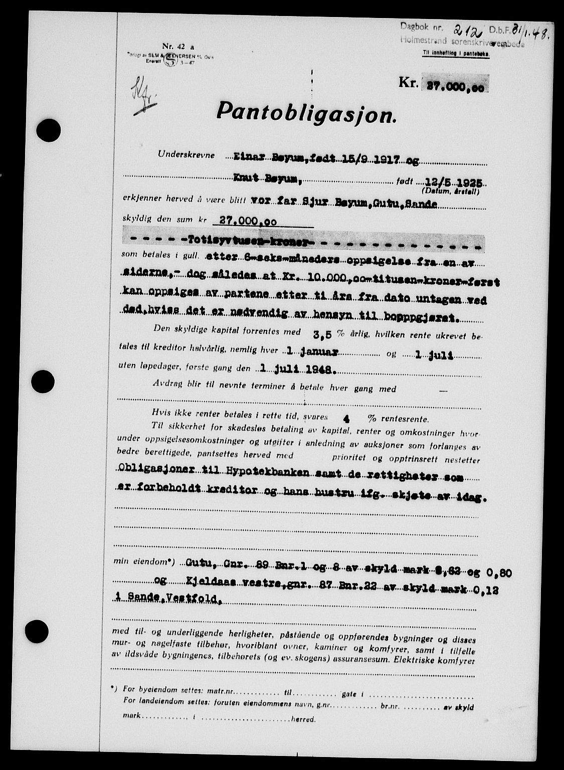 Holmestrand sorenskriveri, SAKO/A-67/G/Ga/Gab/L0058: Pantebok nr. B-58, 1947-1948, Dagboknr: 212/1948